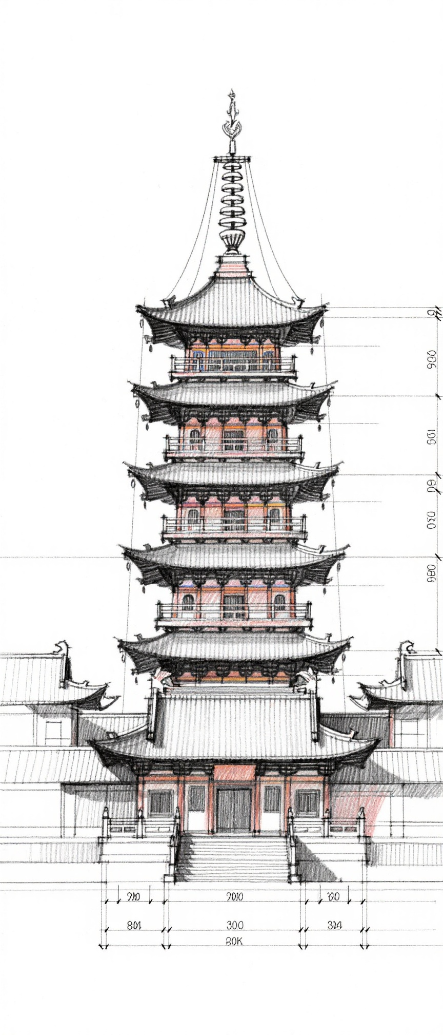 传统中式多层宝塔建筑手绘立面图