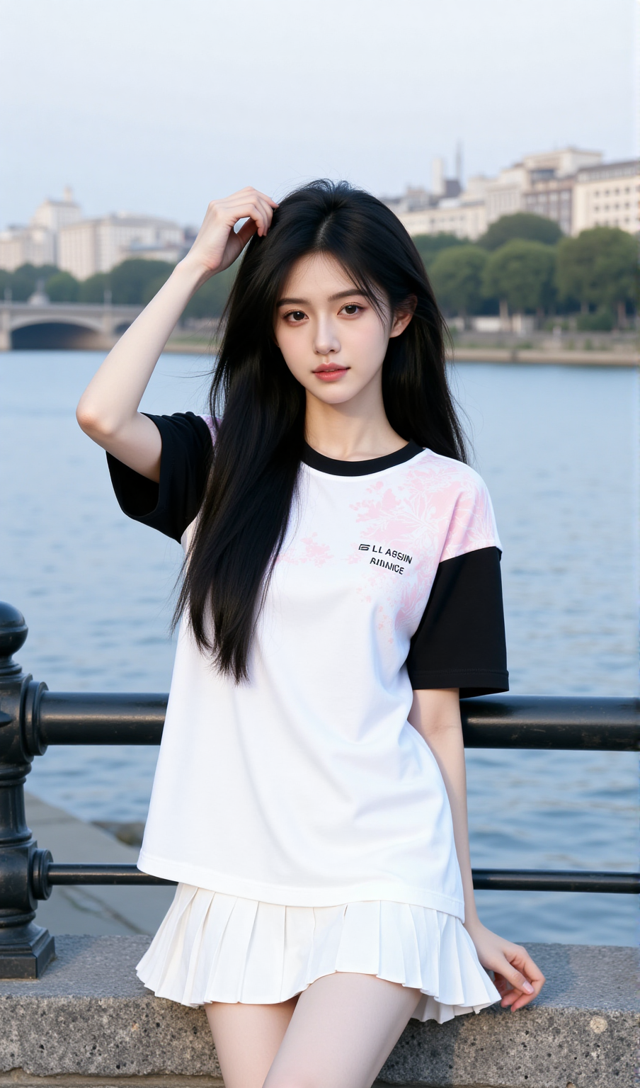 河畔栏杆旁的清新少女街拍