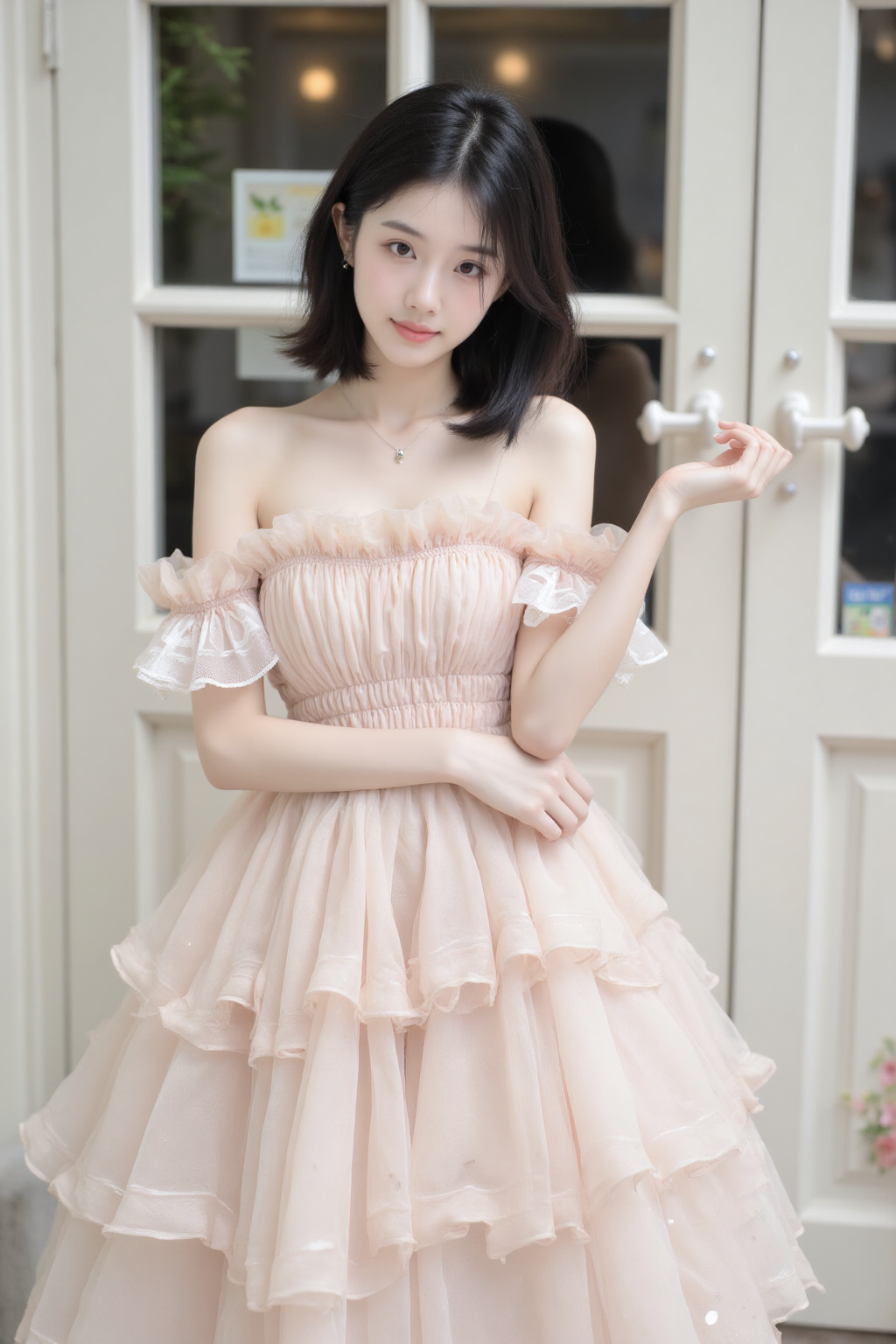 穿着浅粉色蓬蓬礼服的优雅女孩