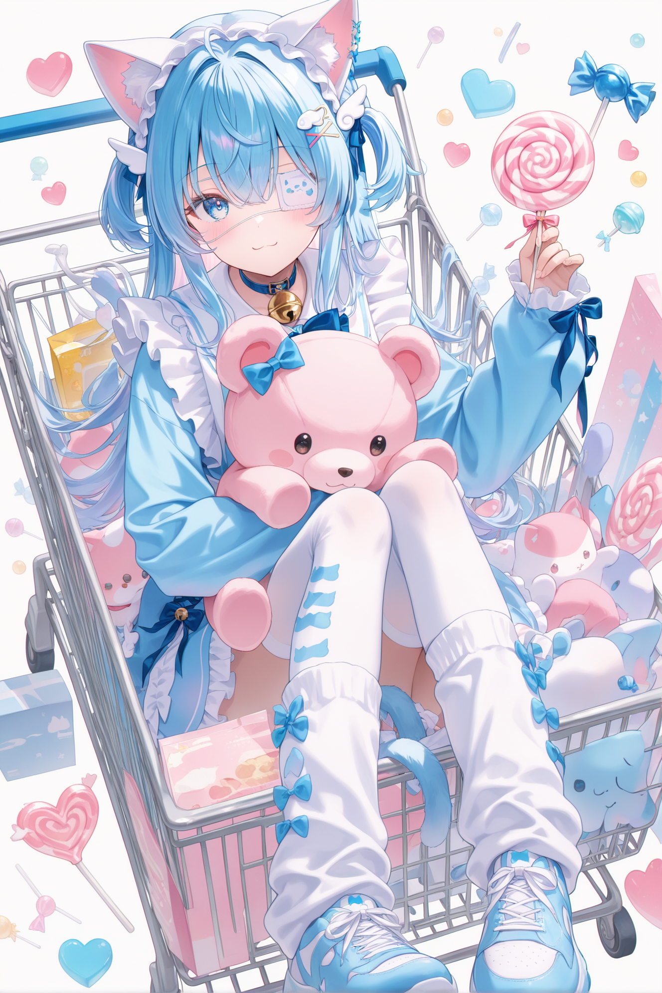蓝发猫耳少女的甜蜜糖果购物车插画
