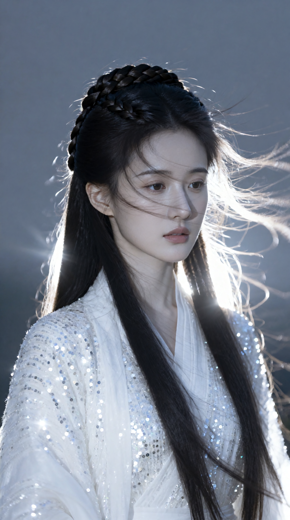 逆光下的古风白衣女子侧身肖像