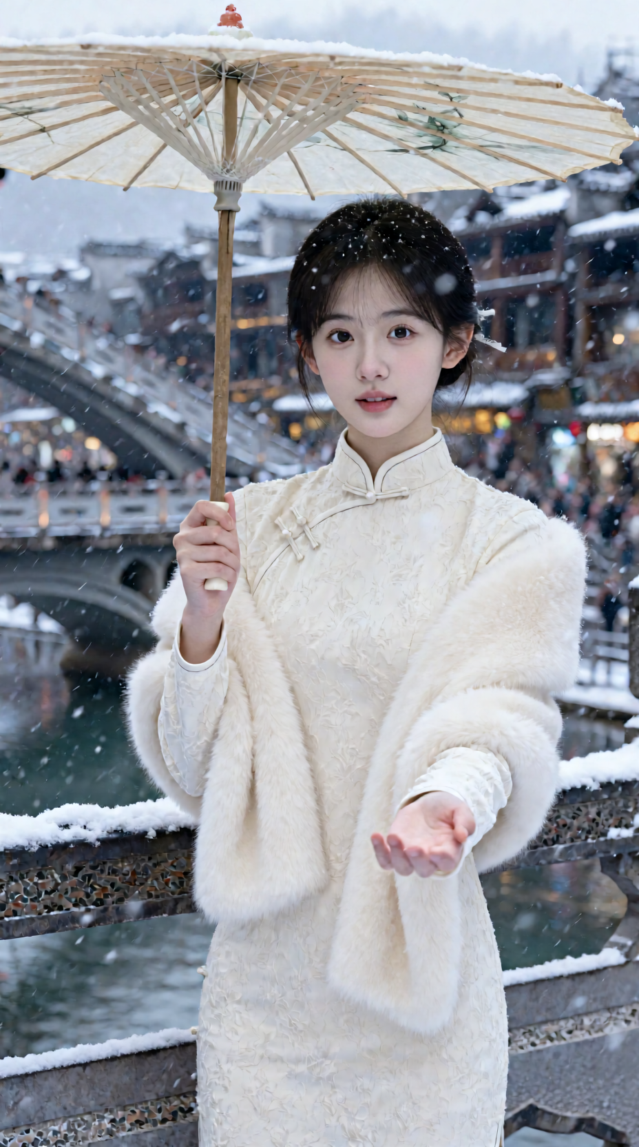 雪中汉服撑伞的古风女子