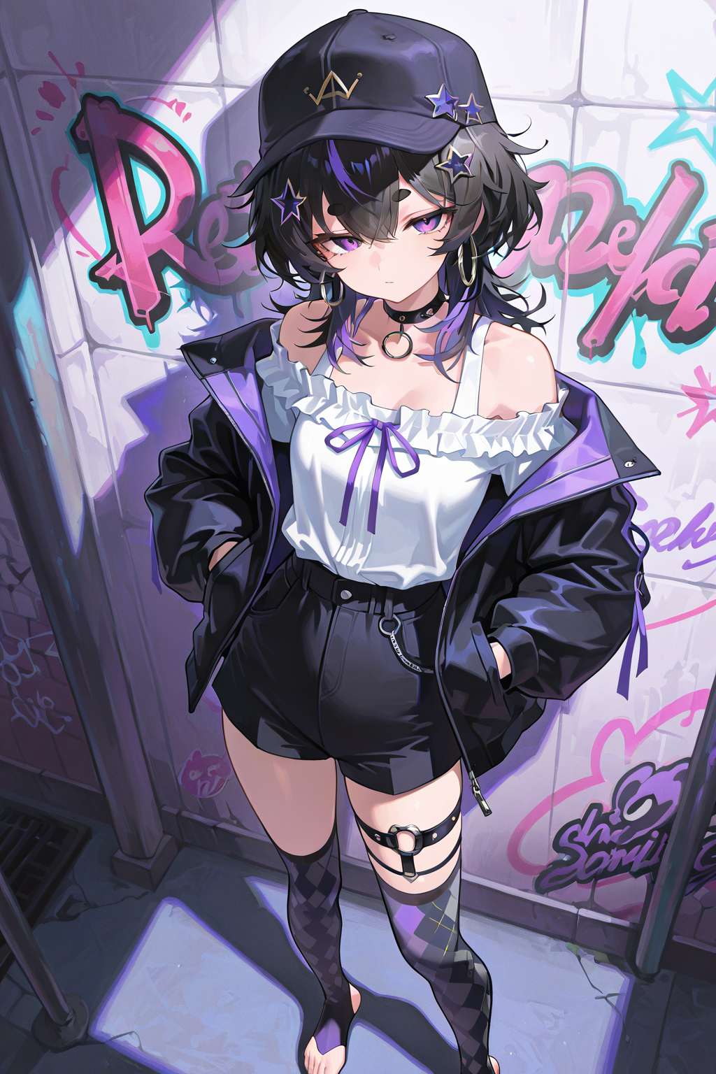 紫黑潮流风格的二次元少女插画