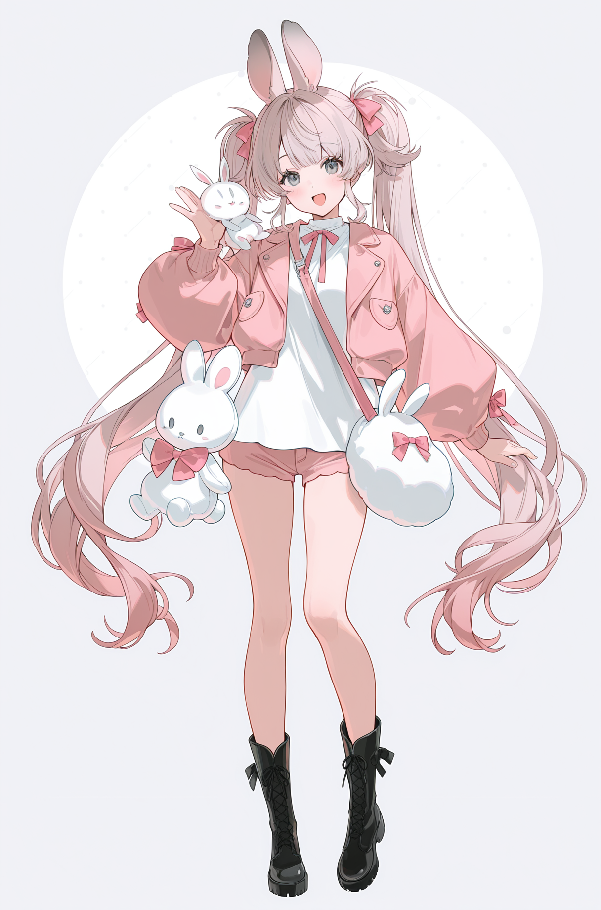 粉色兔耳少女与可爱兔子玩偶