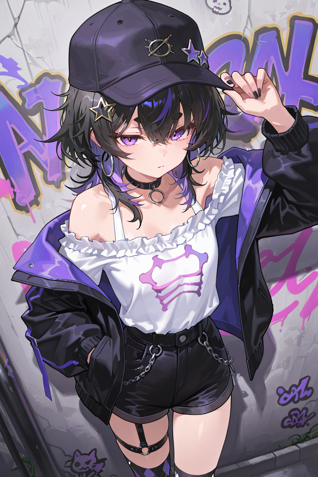 紫黑潮流风格的二次元少女插画