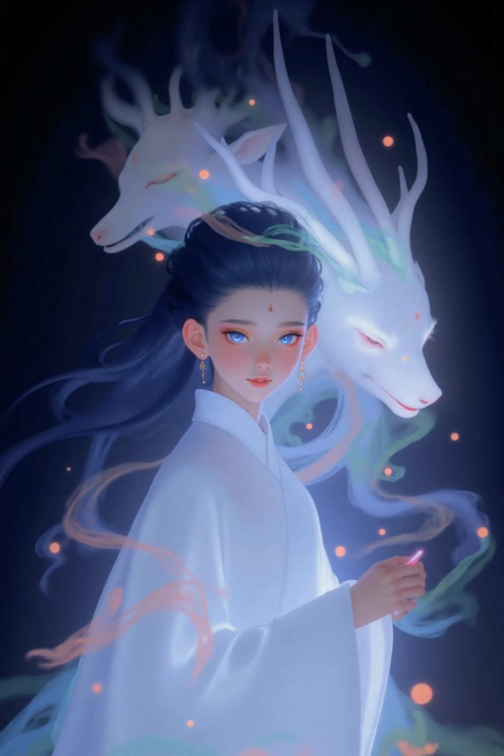 幽光灵兽环绕的古风少女