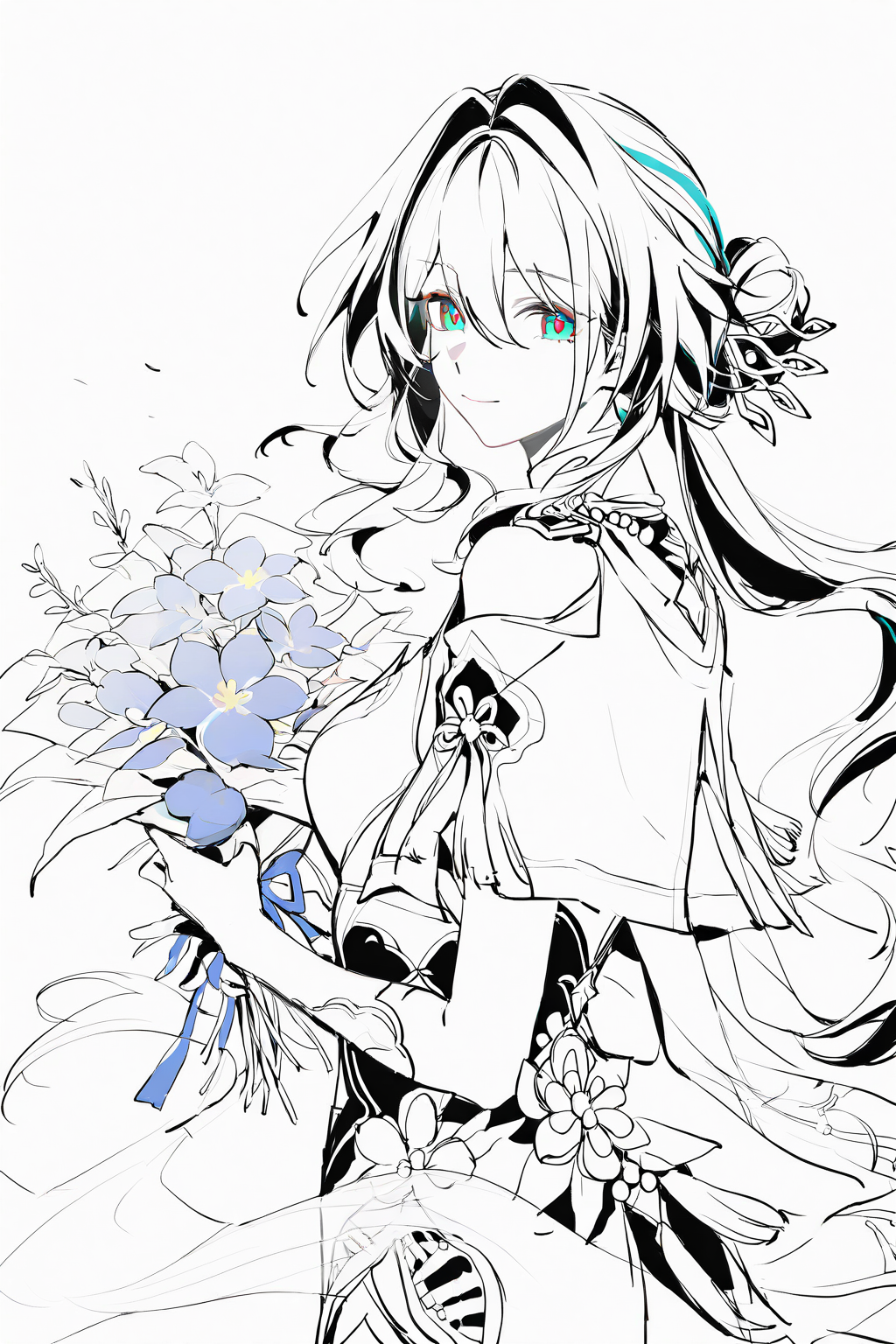 花束中的和风少女线稿插画