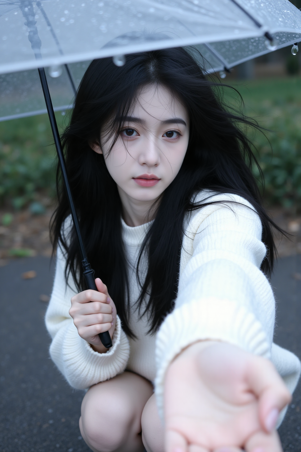 雨天撑伞的长发少女伸手邀请
