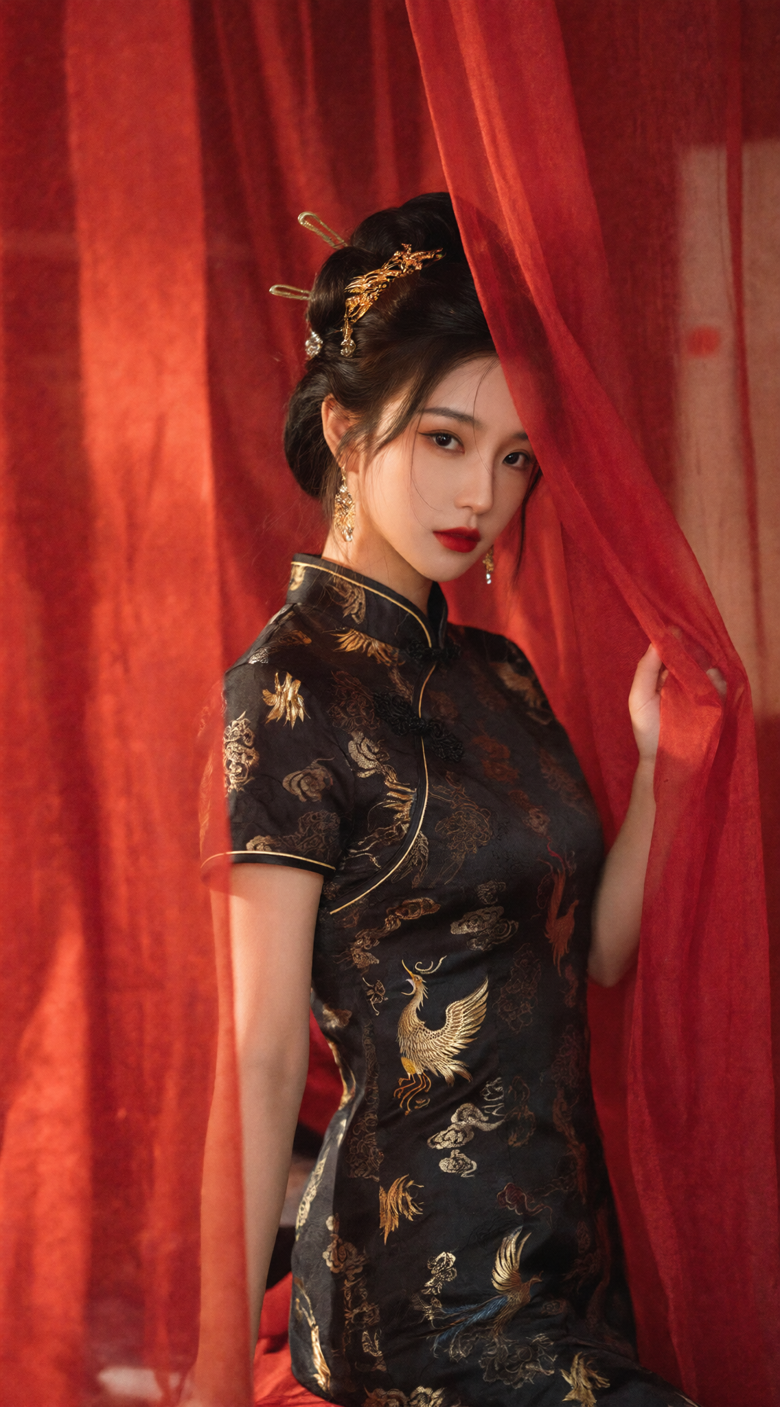 红纱间的东方古典旗袍人像