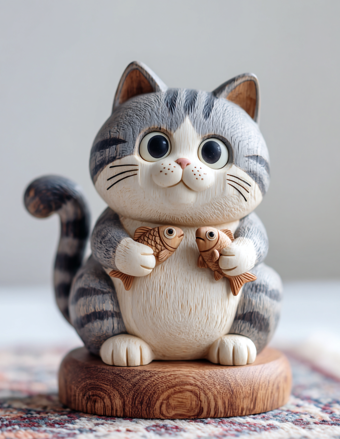抱着小鱼的可爱木雕猫咪摆件