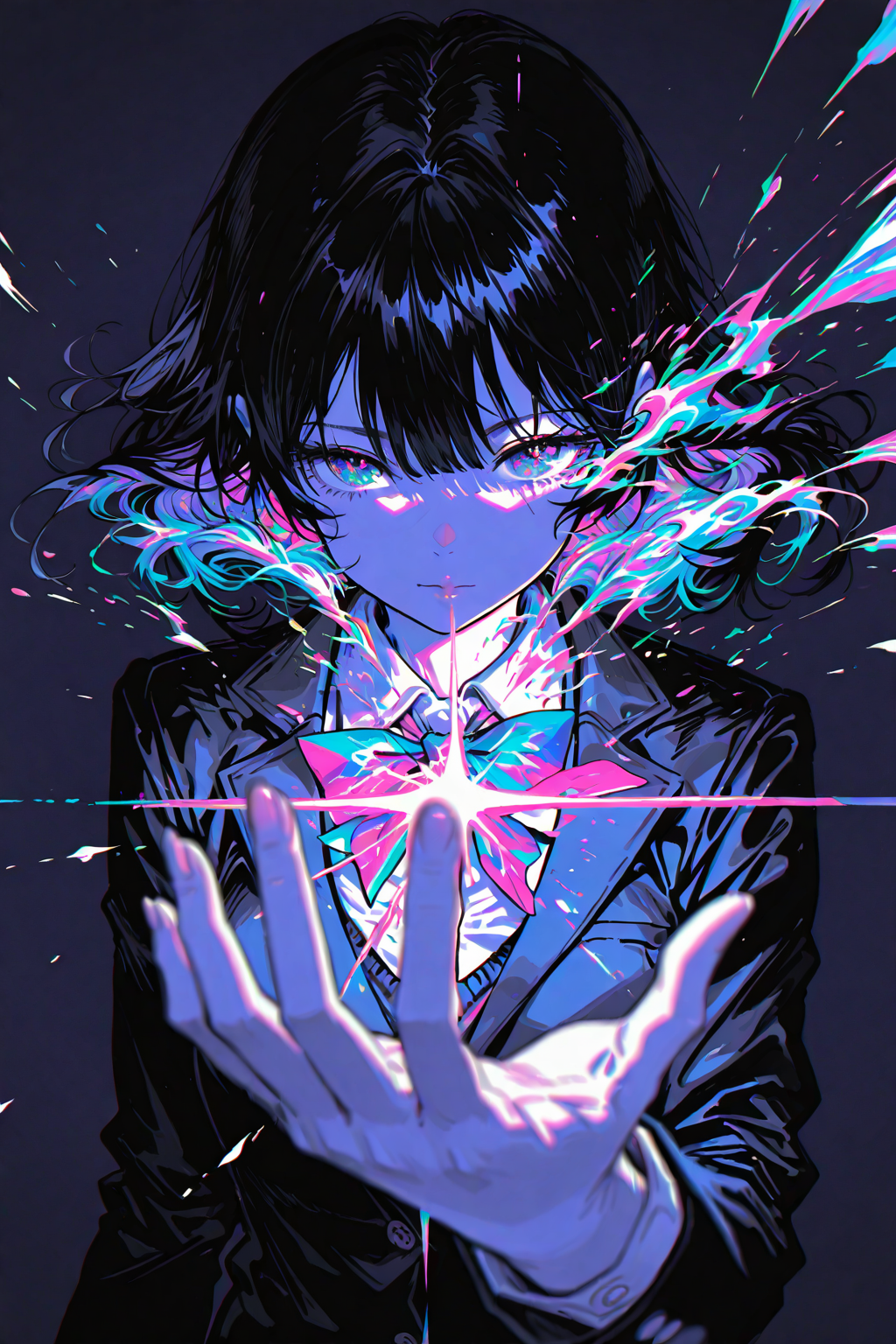 黑发少女与绚烂能量绽放的奇幻瞬间