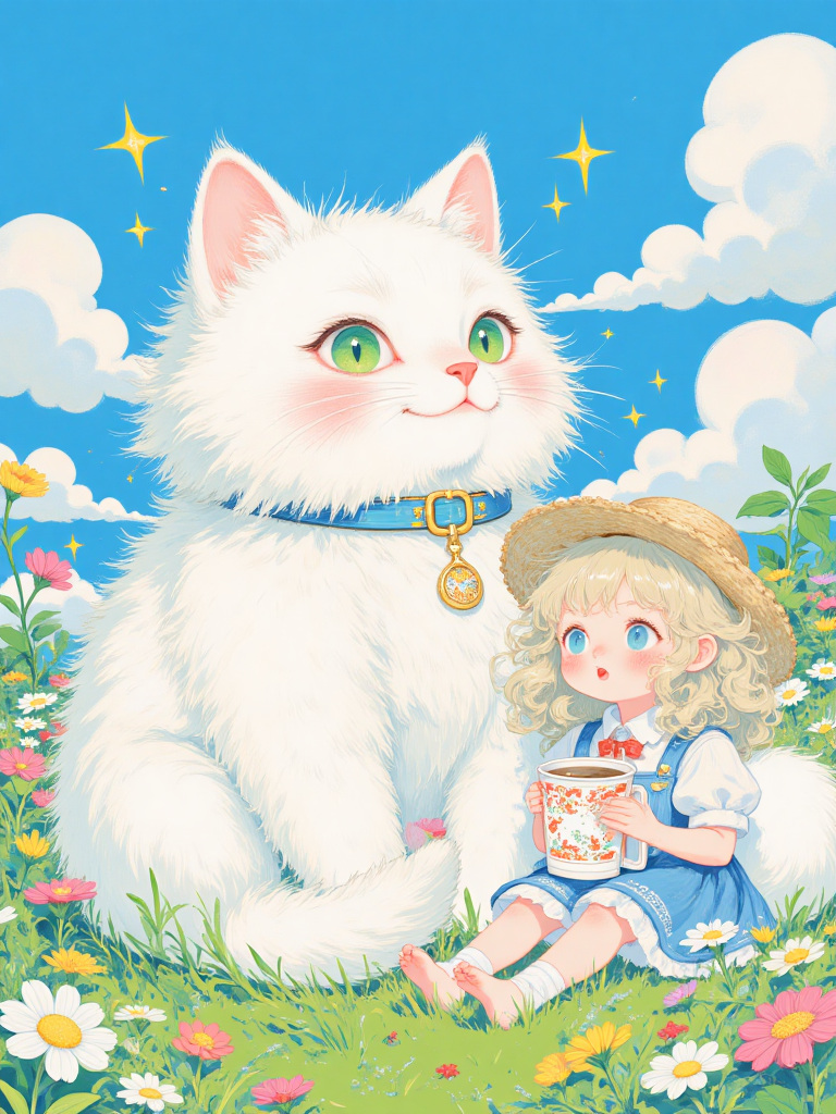 春日花田中的白色猫咪与少女