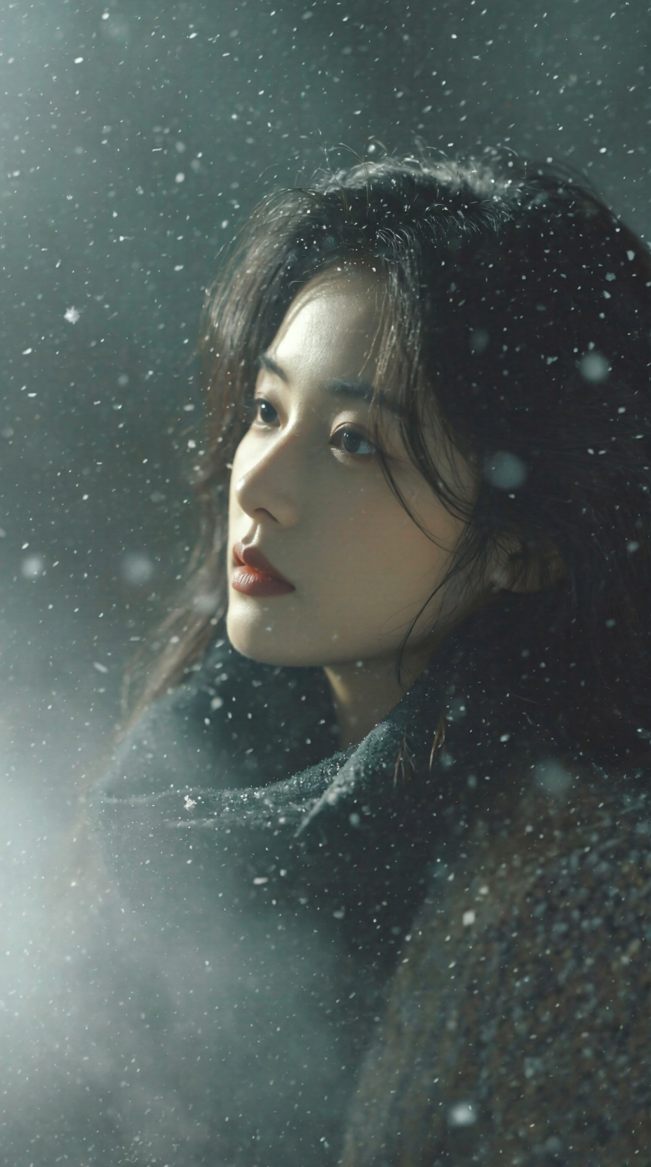 雪雾中的人物特写