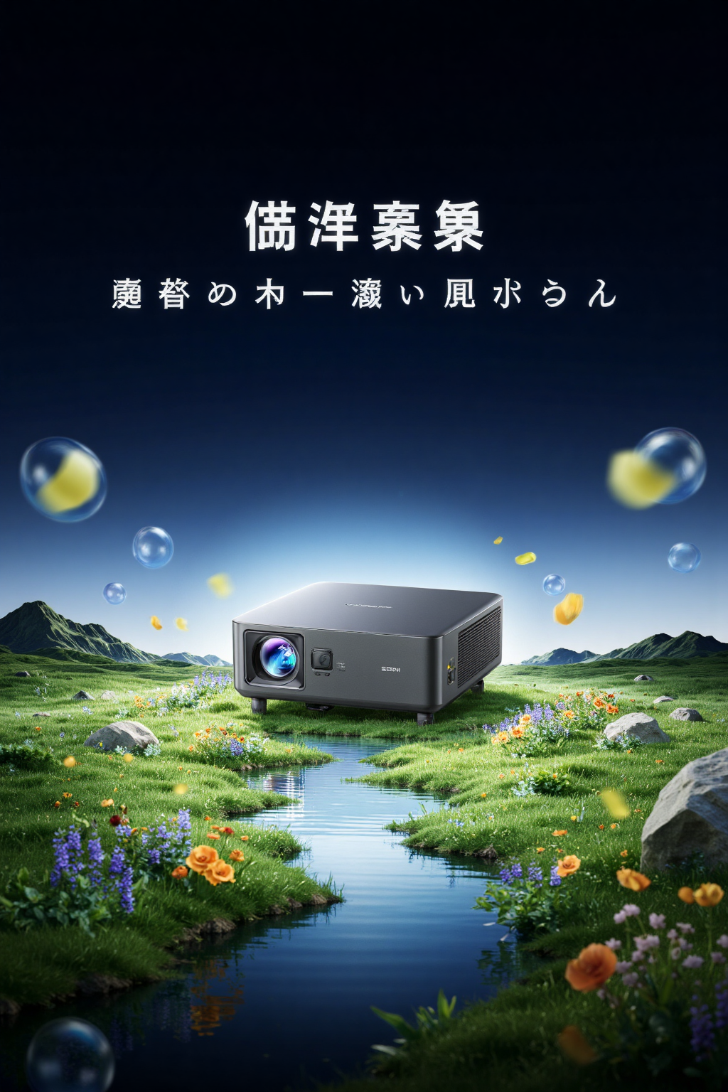 山谷草地中的高端投影仪宣传海报