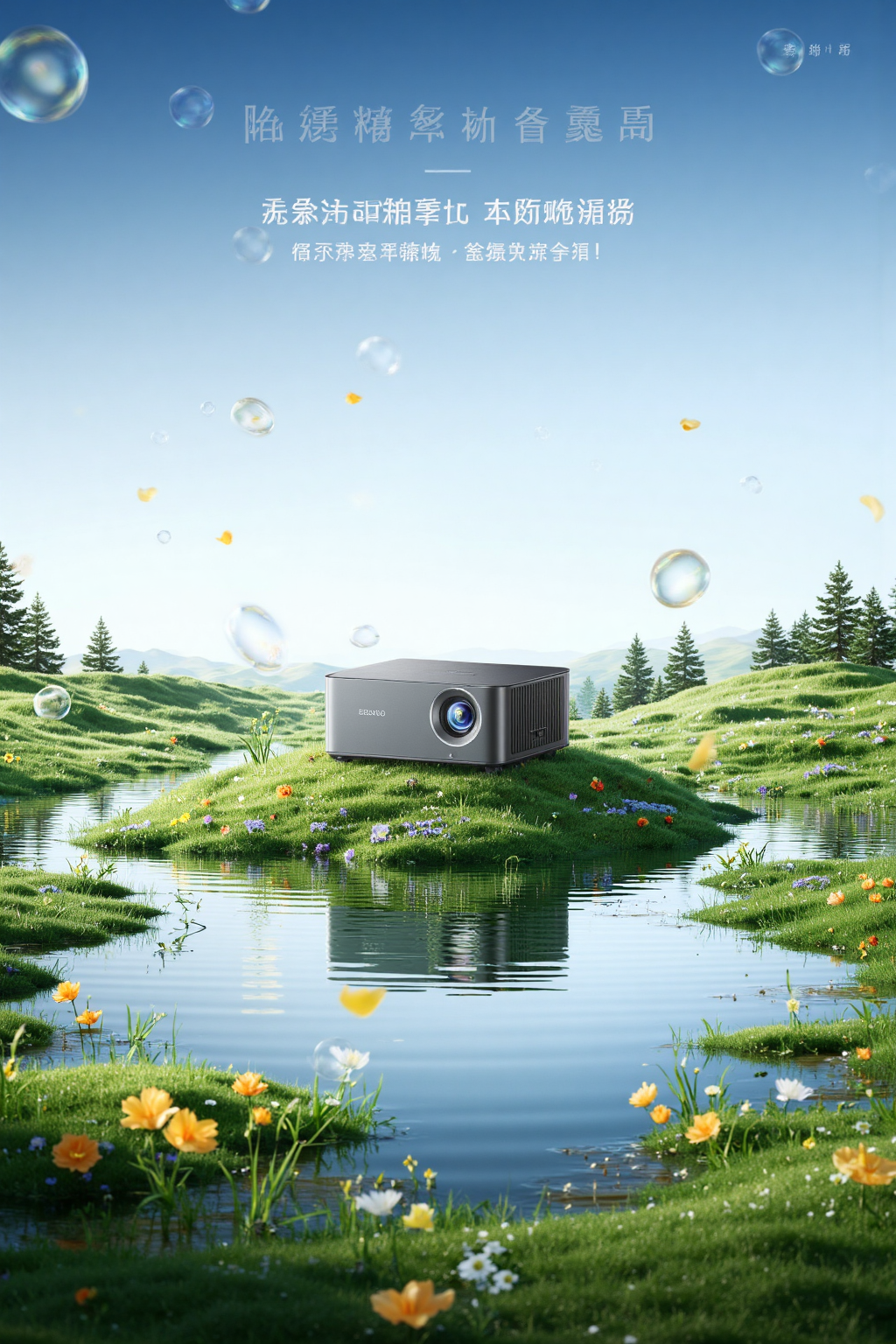 山谷草地中的高端投影仪宣传海报
