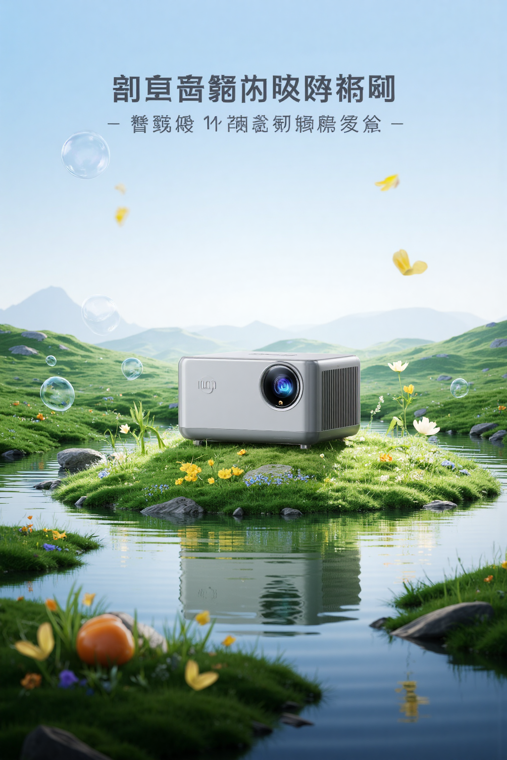 山谷草地中的高端投影仪宣传海报