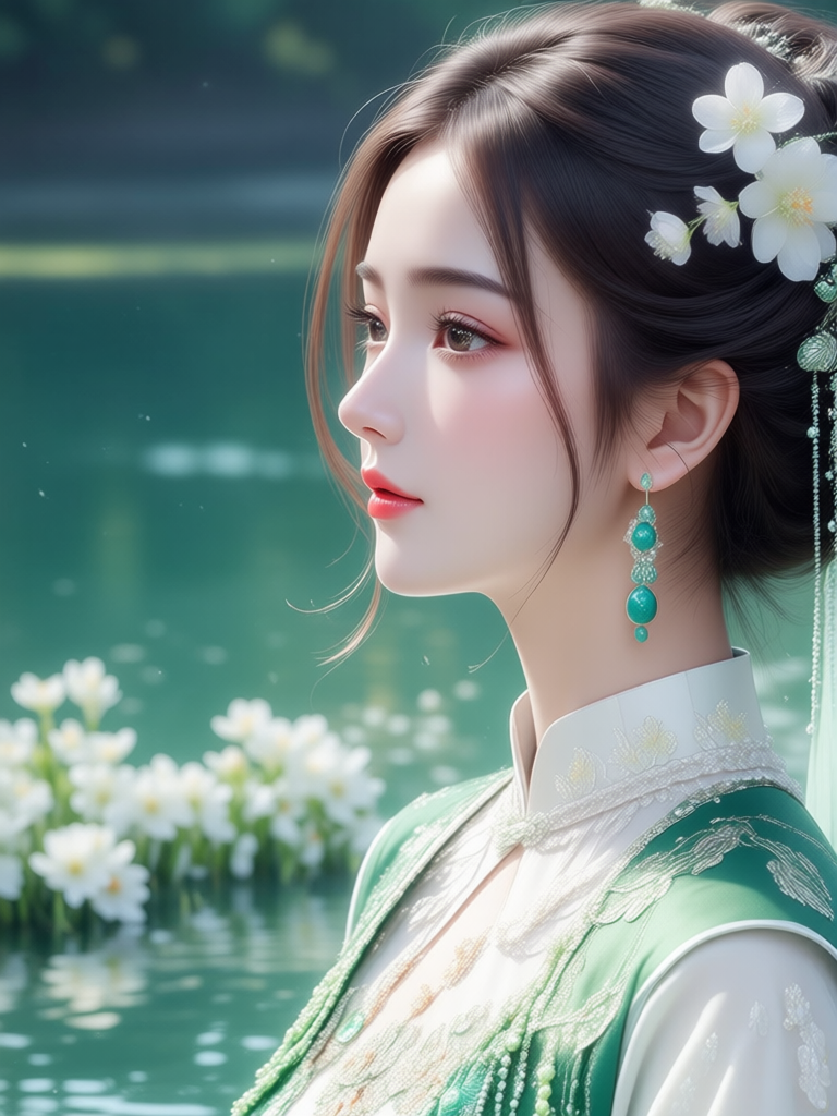 绿意水畔的古风花饰女子