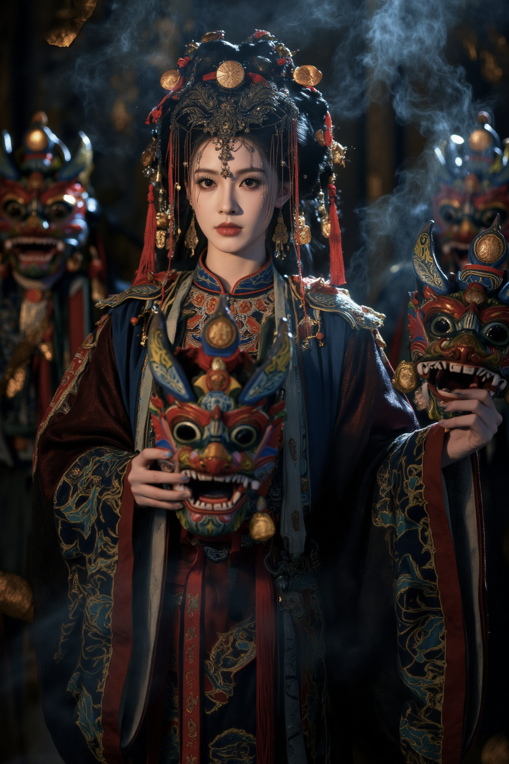 神秘戏曲装扮与面具仪式场景