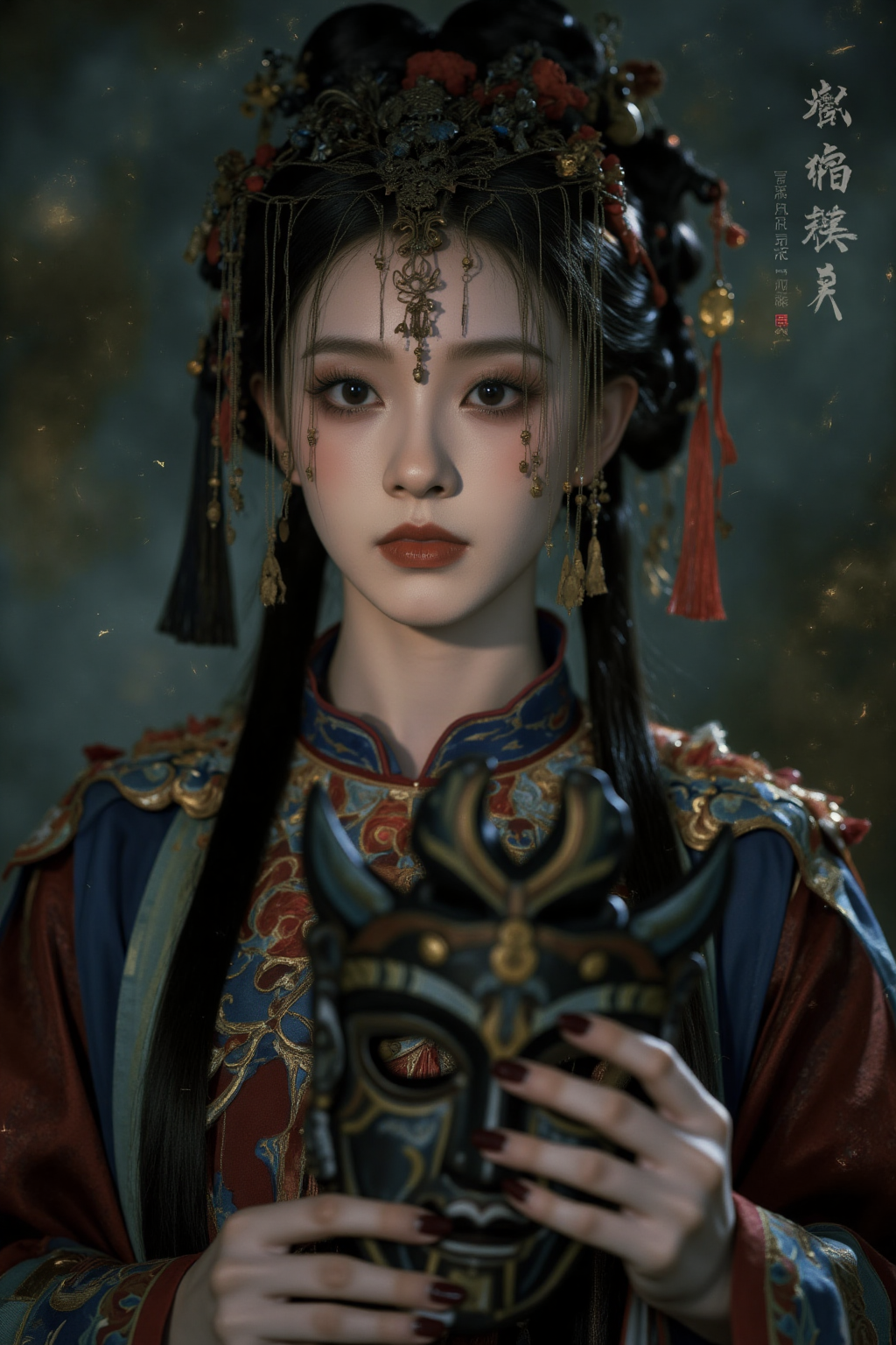古风华服女子持面具的神秘肖像