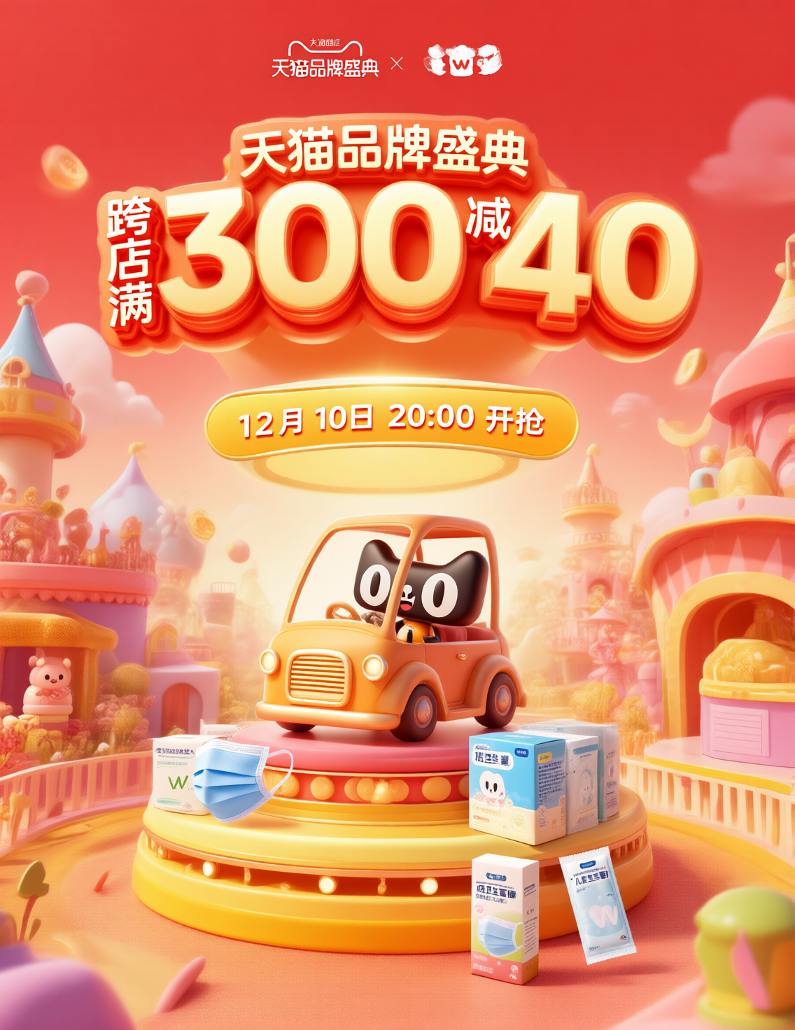 天猫品牌盛典300减40促销活动海报