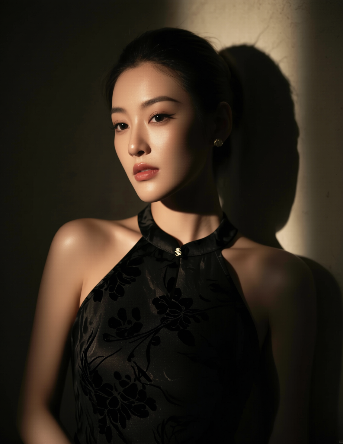 暗调光影下的中式旗袍人像