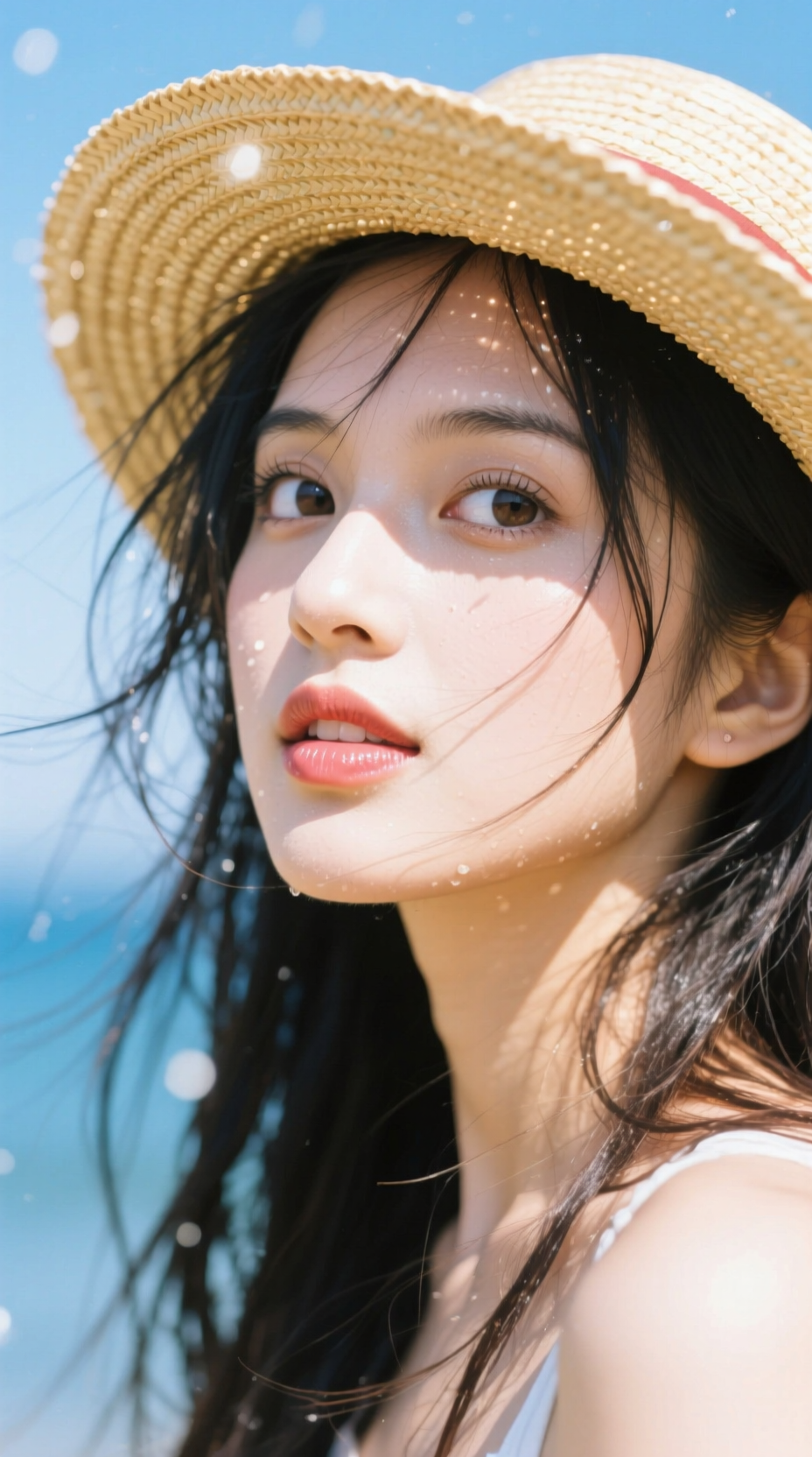 夏日海边微风中的草帽女孩