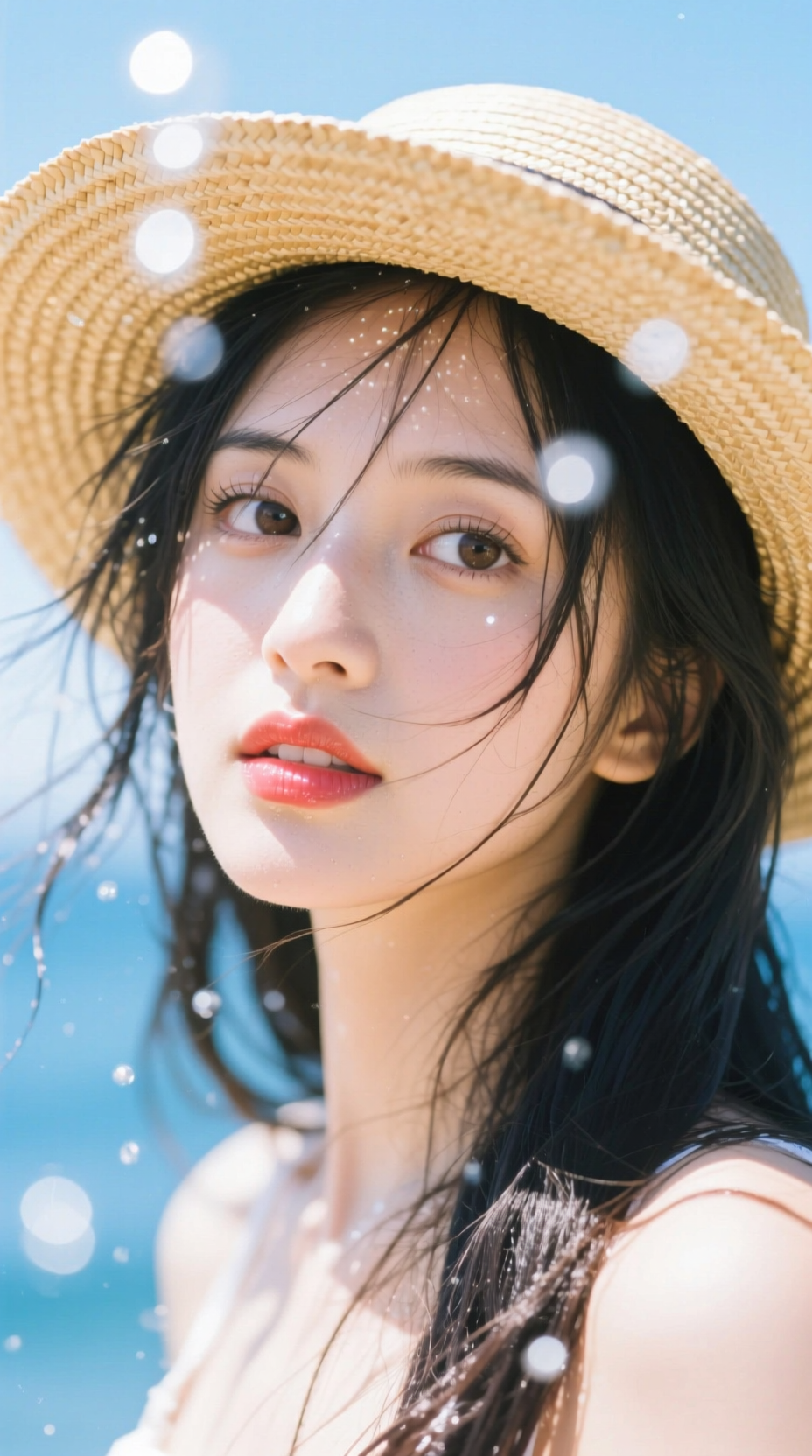 夏日海边微风中的草帽女孩