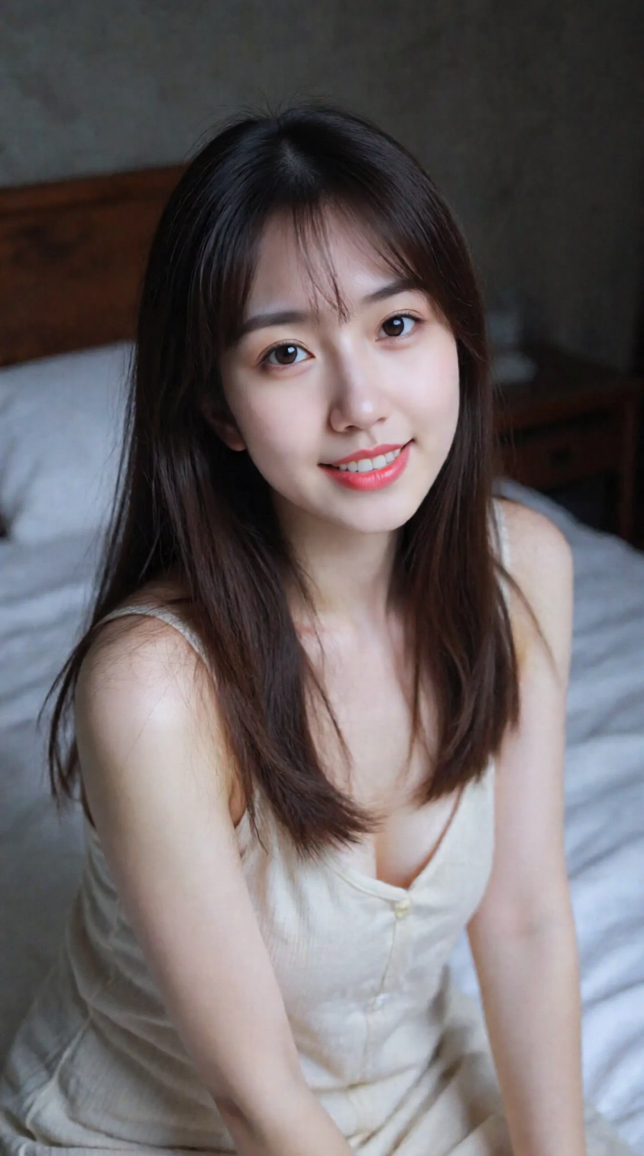 室内床边的女性人像照片