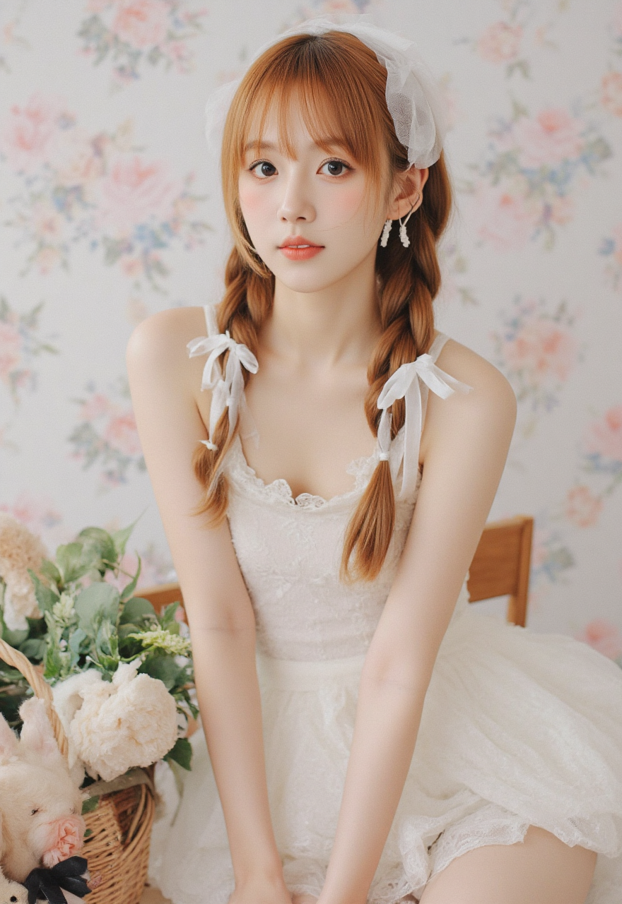 柔和花墙前的白裙少女肖像