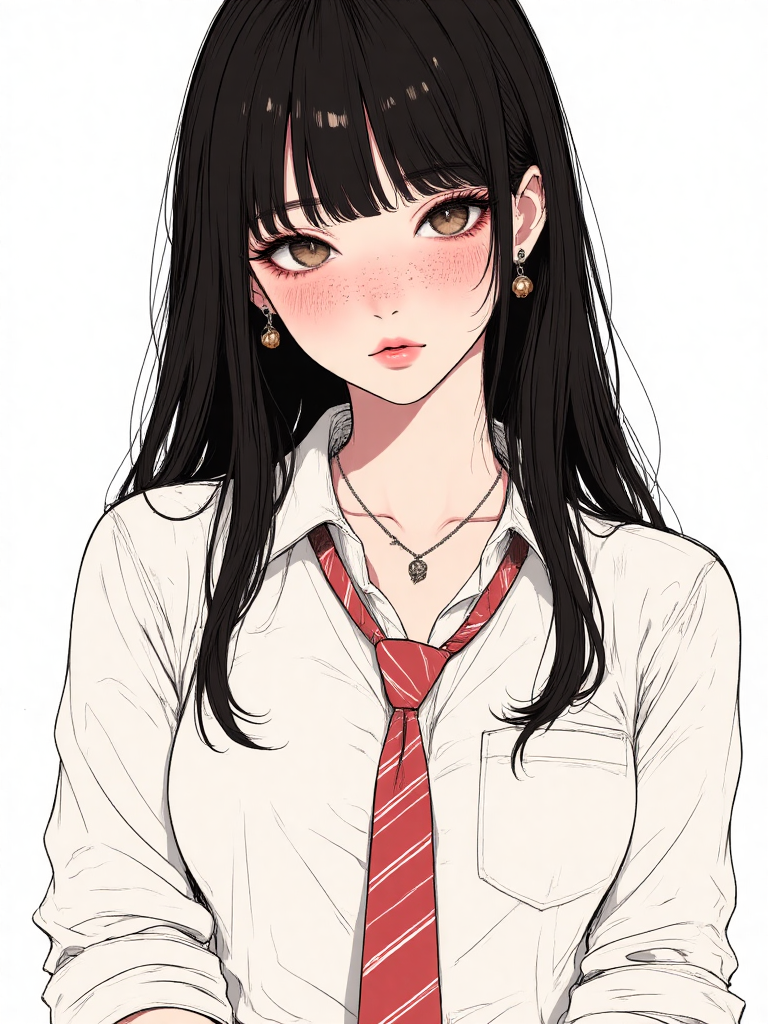 黑长直女性的简约插画肖像