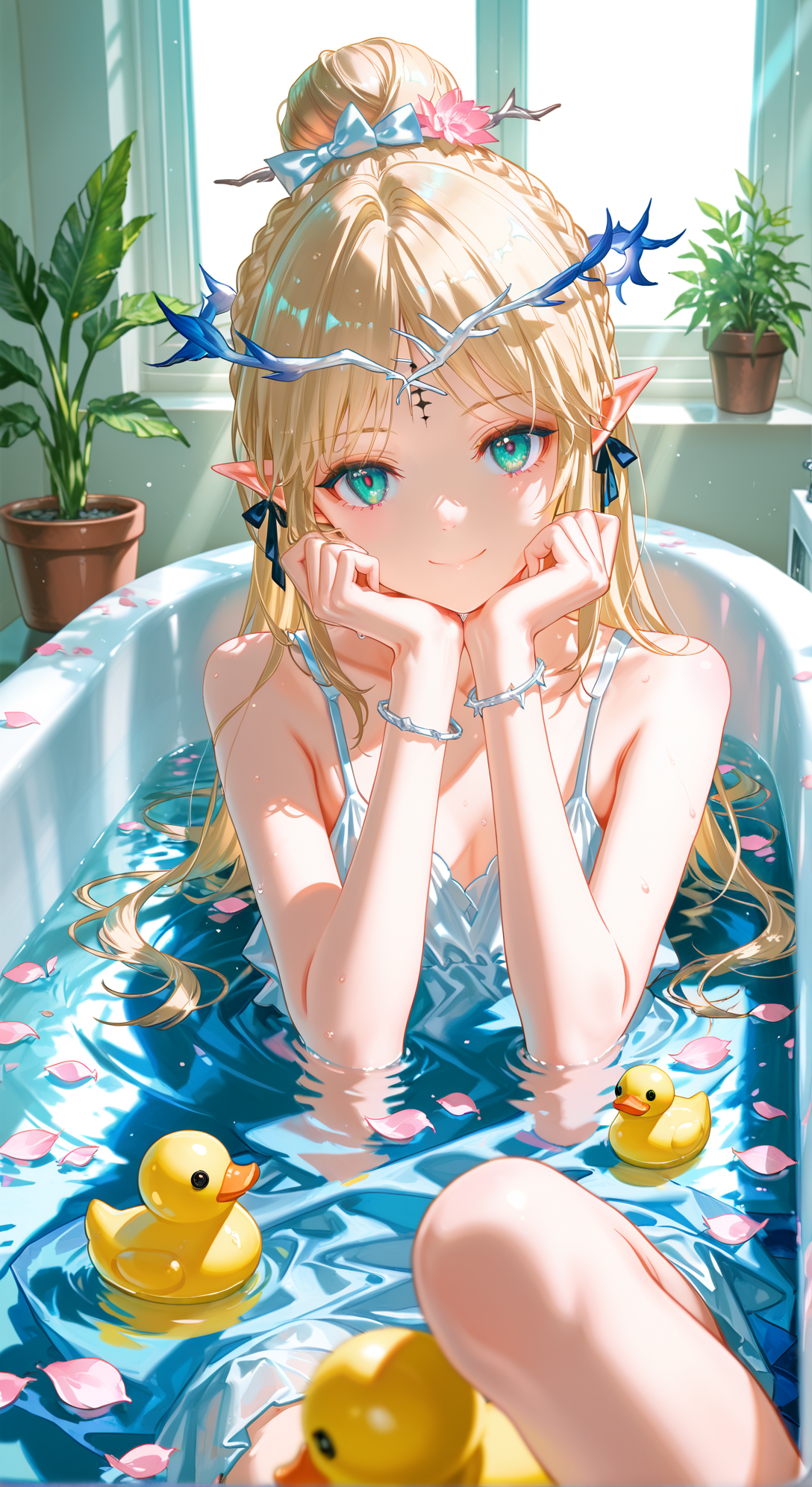 阳光浴缸中的花饰精灵少女