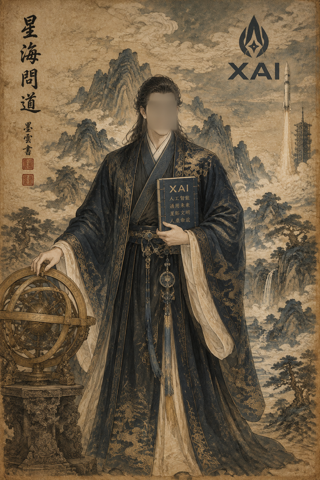 XAI古代学者：AI水墨融合肖像