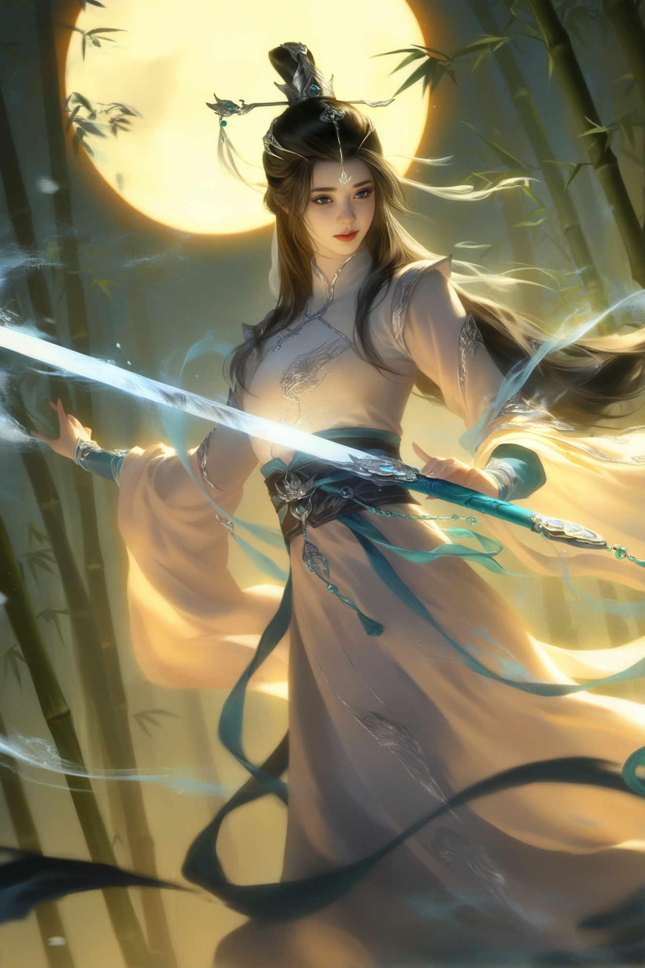 月下竹影中的仙侠女剑客