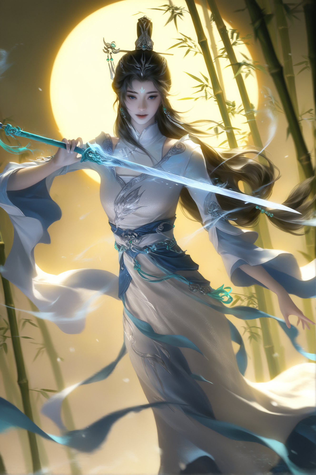月下竹影中的仙侠女剑客