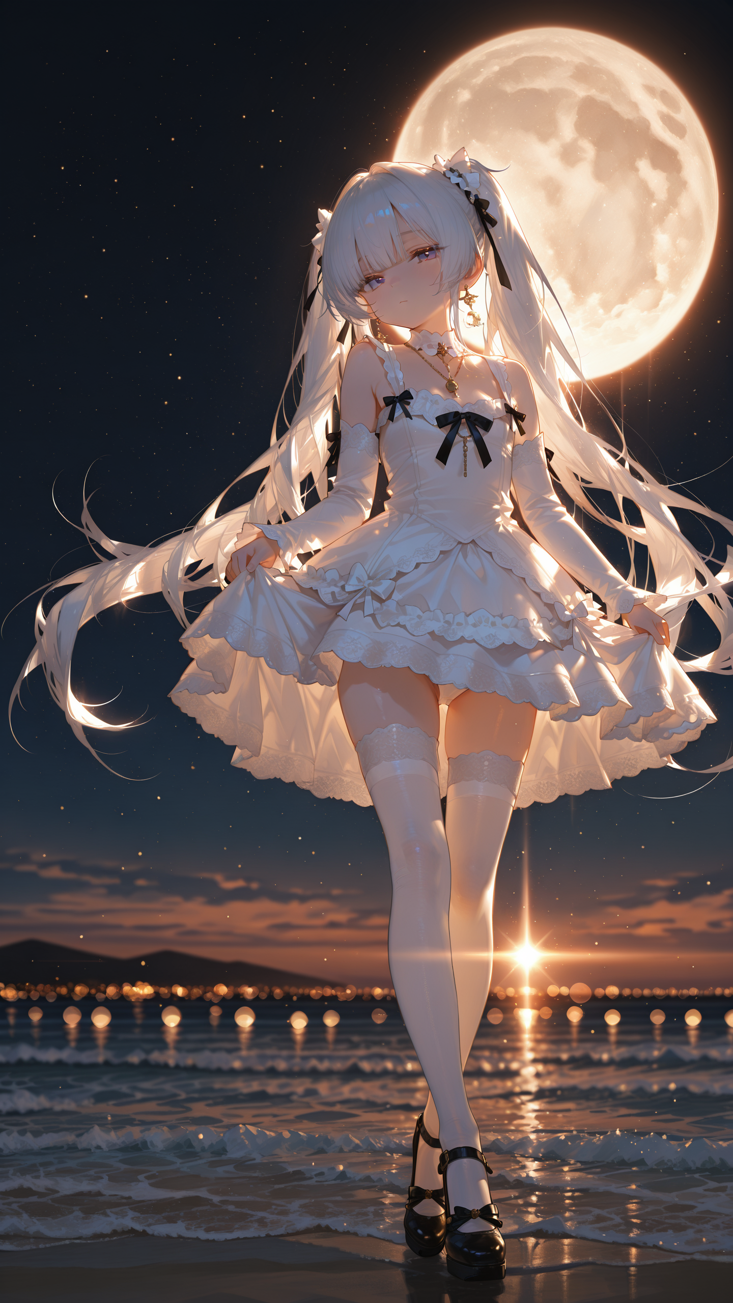 月下海边的白发少女