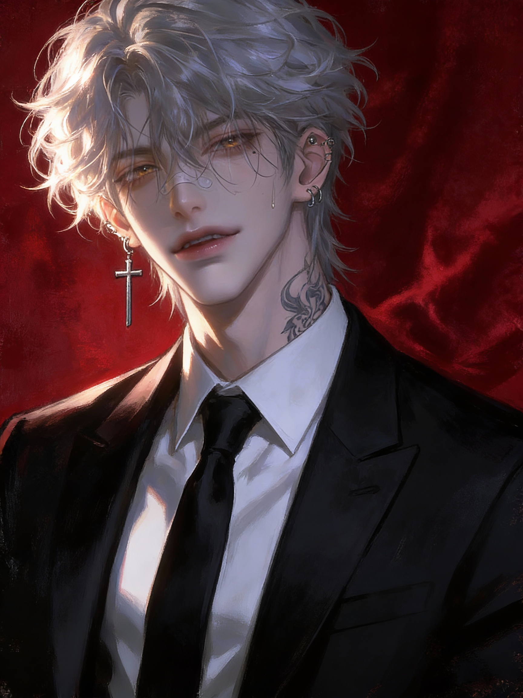 红色背景下的银发西装男角色插画
