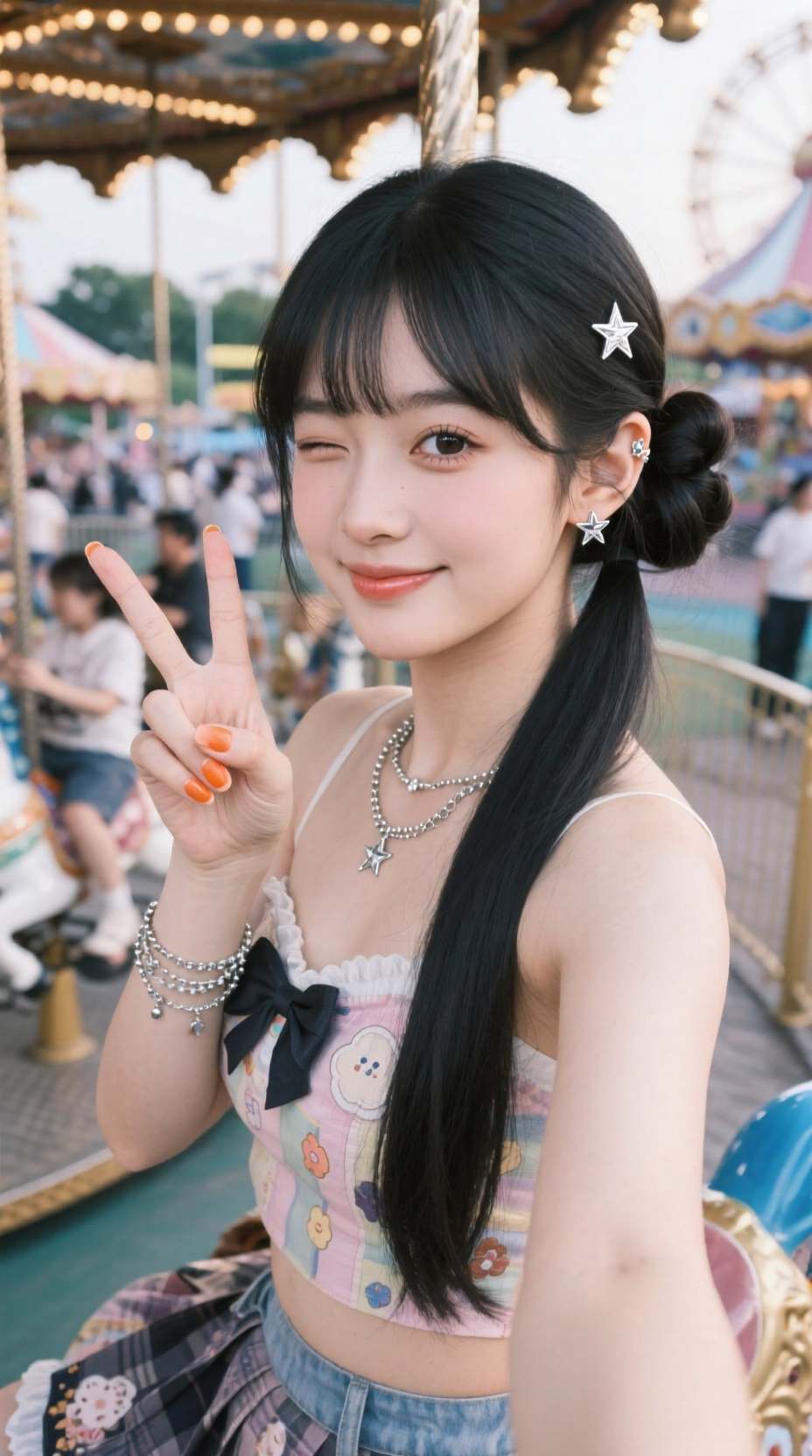 游乐园旋转木马前的甜酷自拍少女