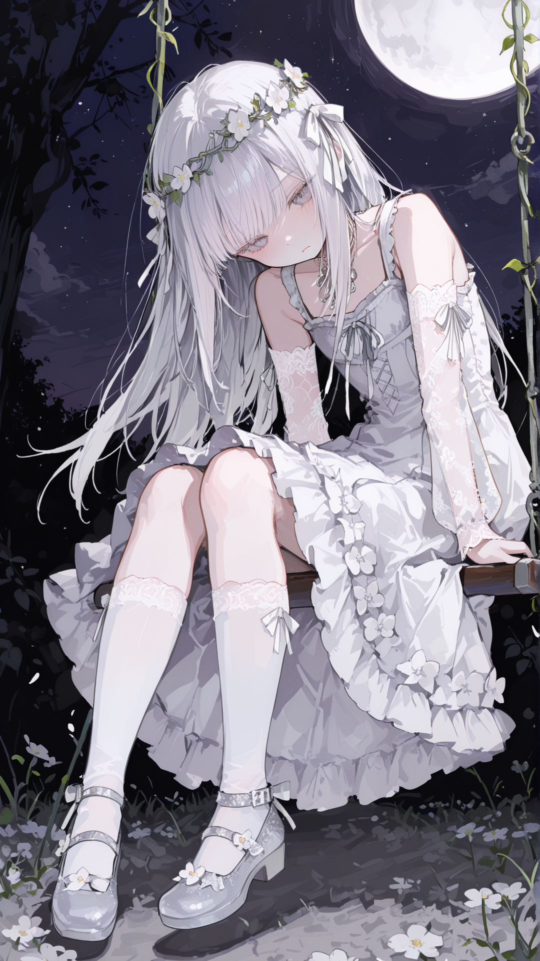 月下花环中的银发少女