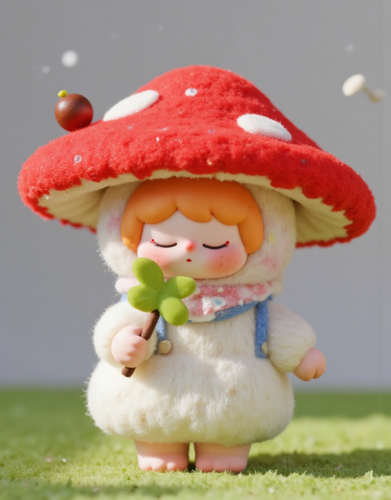 红蘑菇帽的可爱毛绒小人偶