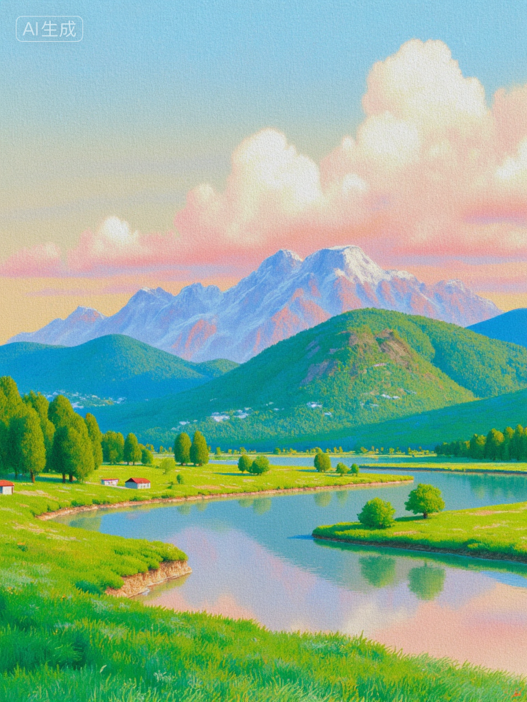 梦幻山谷湖景插画