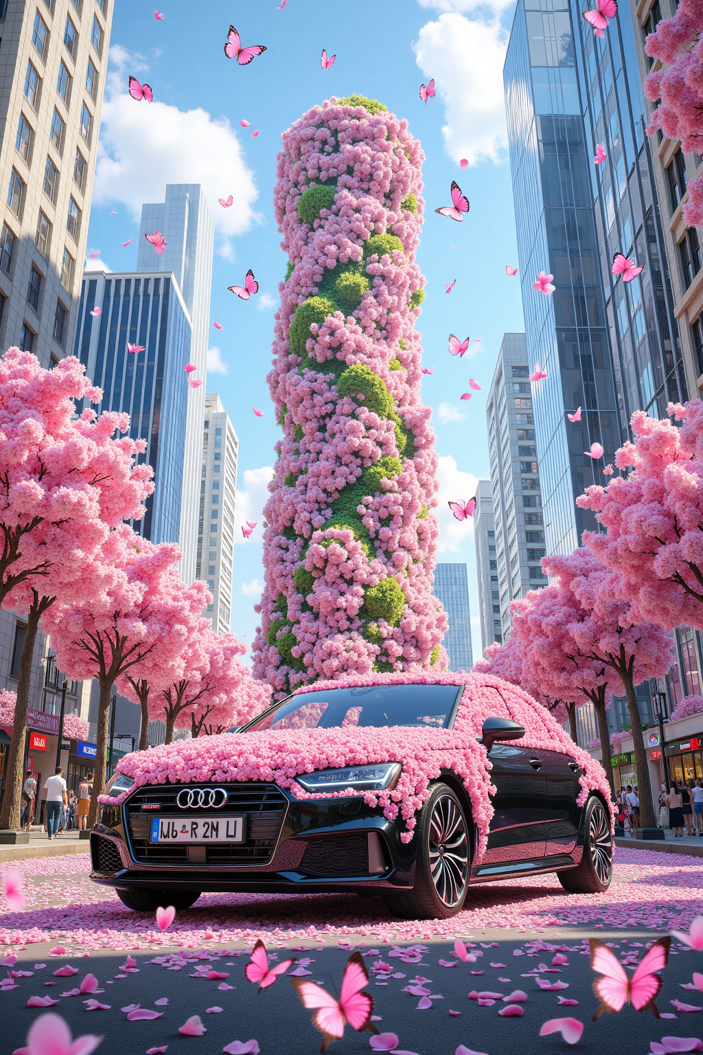 樱花梦境中的都市豪车