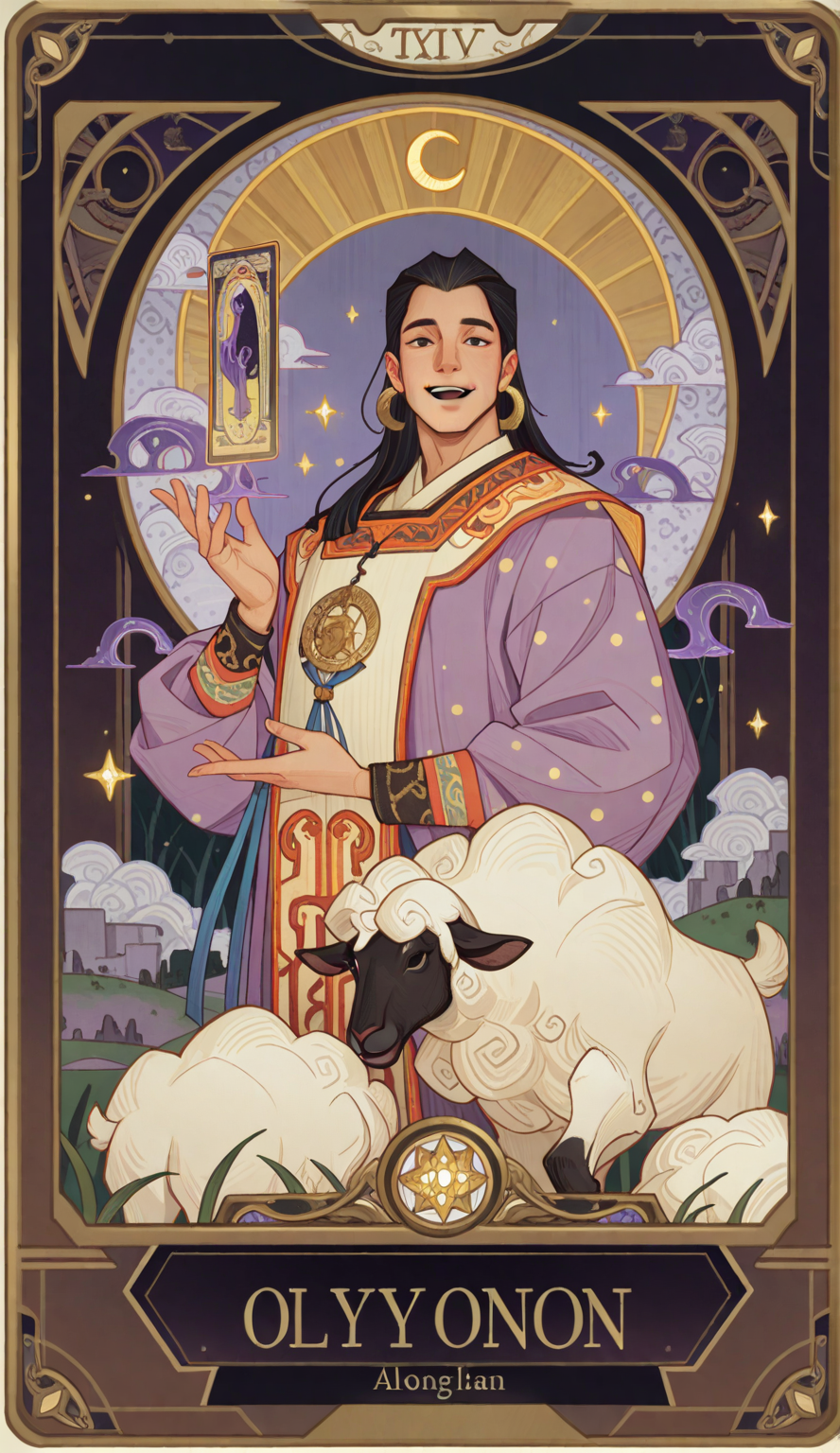 星月占卜风格的人物塔罗卡牌插画