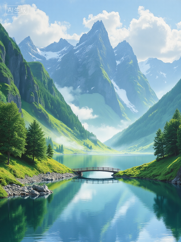 梦幻山谷湖景插画