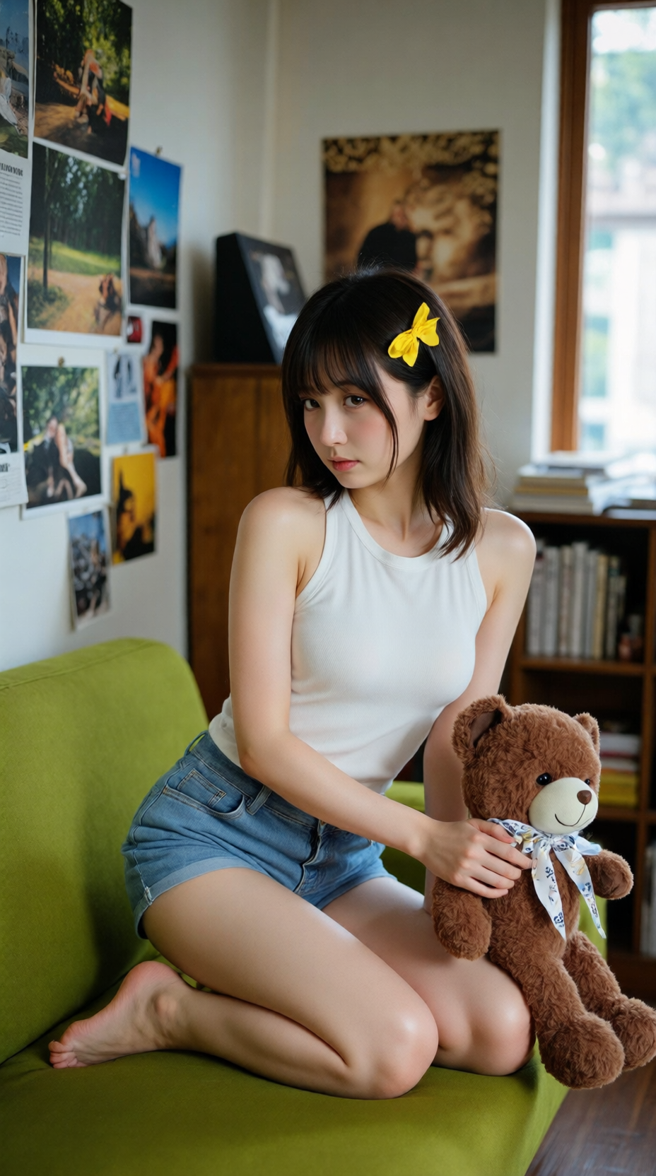 室内自然光下的抱熊少女