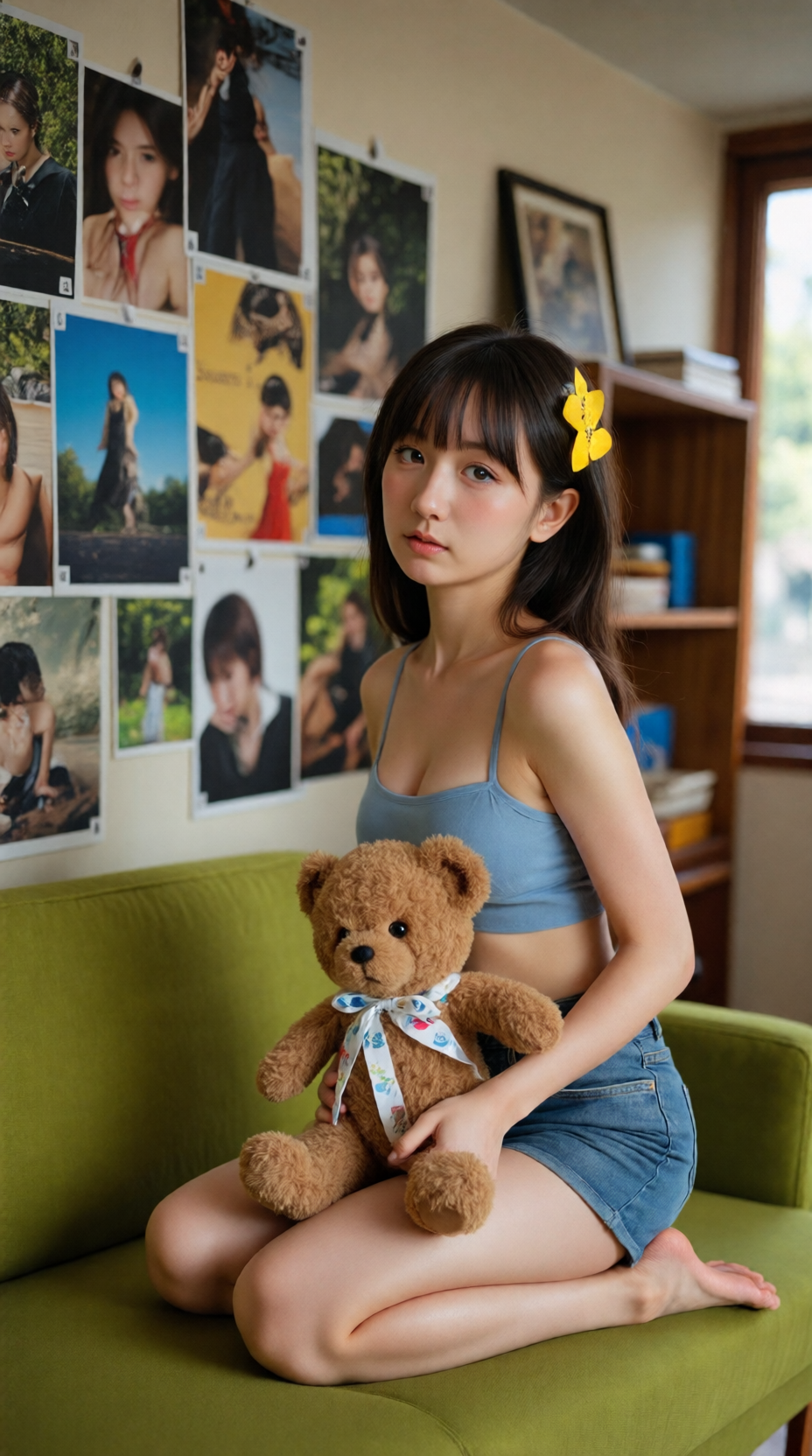 室内自然光下的抱熊少女