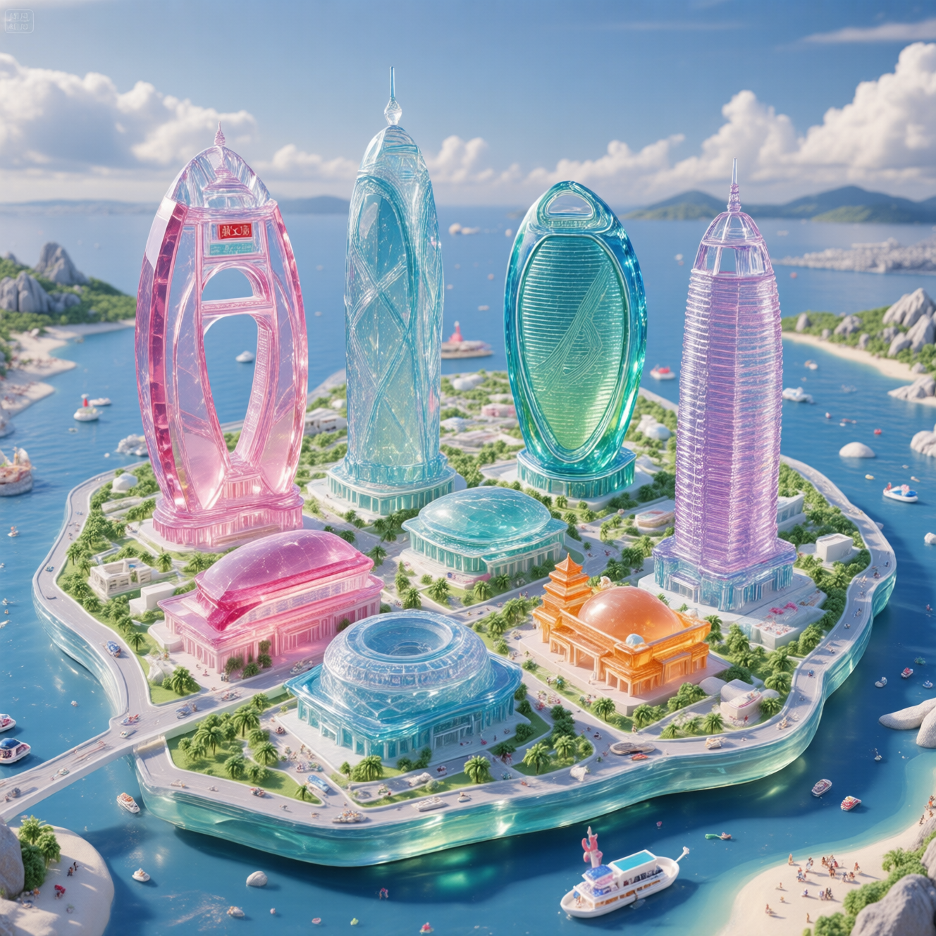 海岛未来城的彩色水晶天际线
