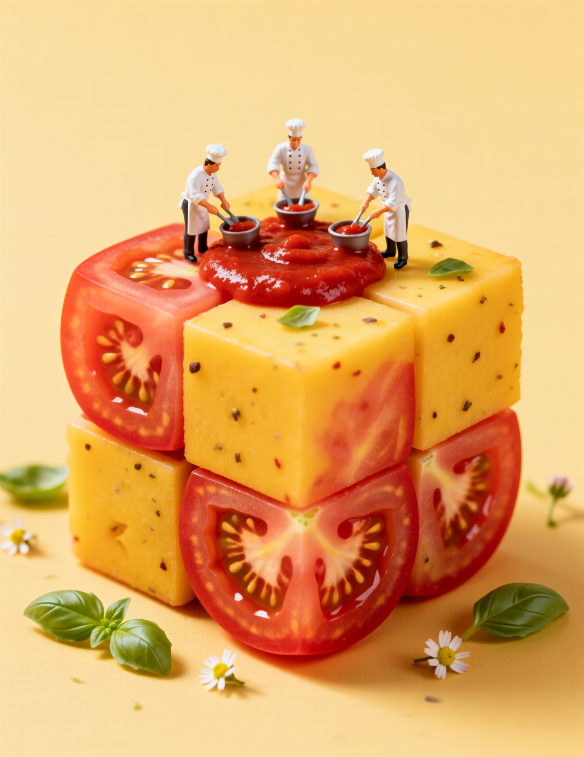 番茄与芒果方块的创意美食微缩场景