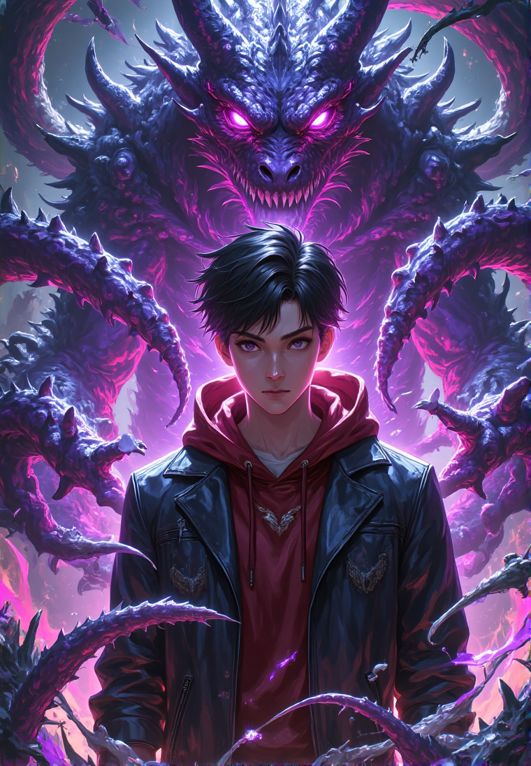 暗影魔龙与神秘少年对峙的奇幻插画