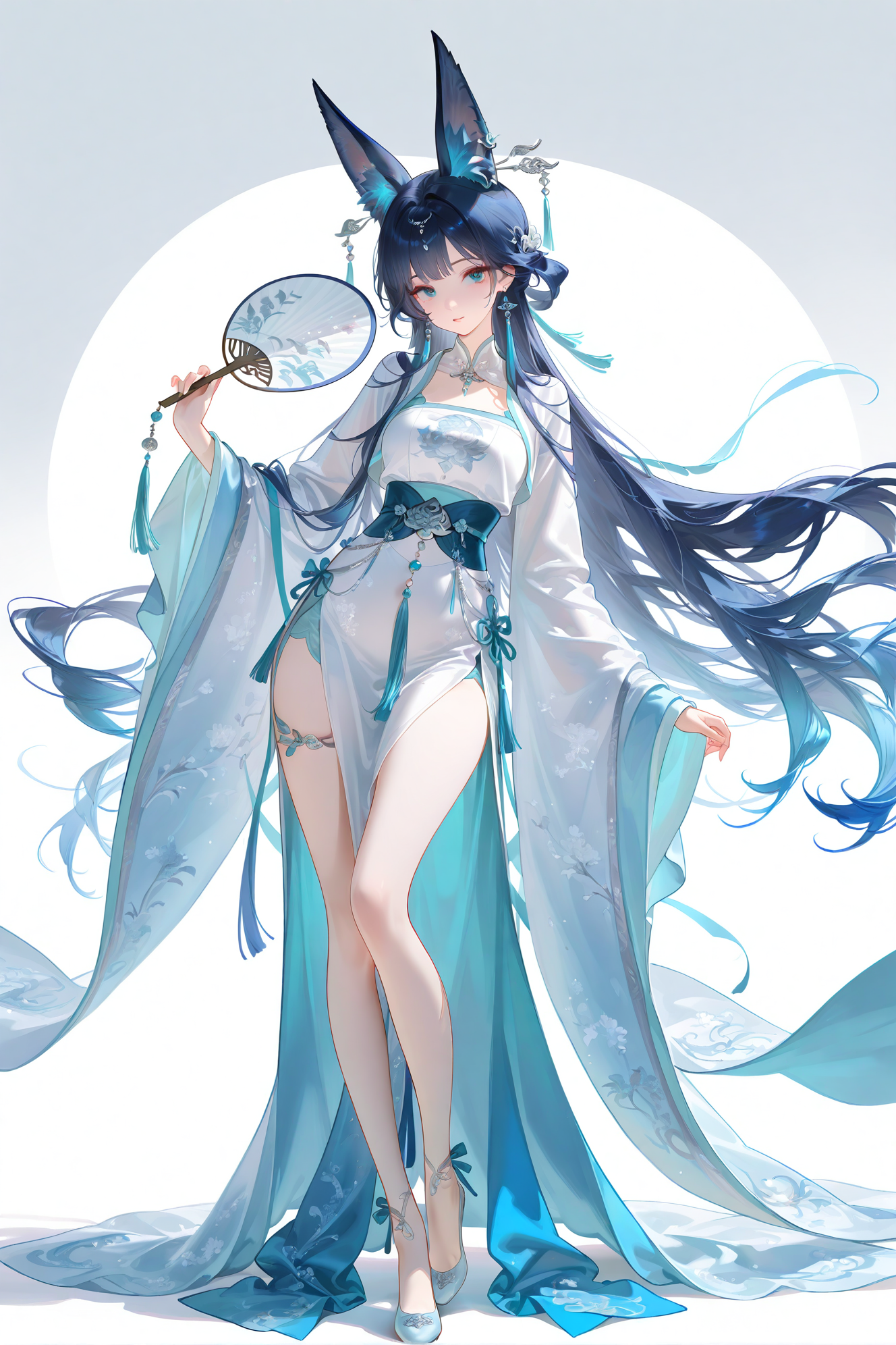 蓝白古风狐耳少女持团扇立绘