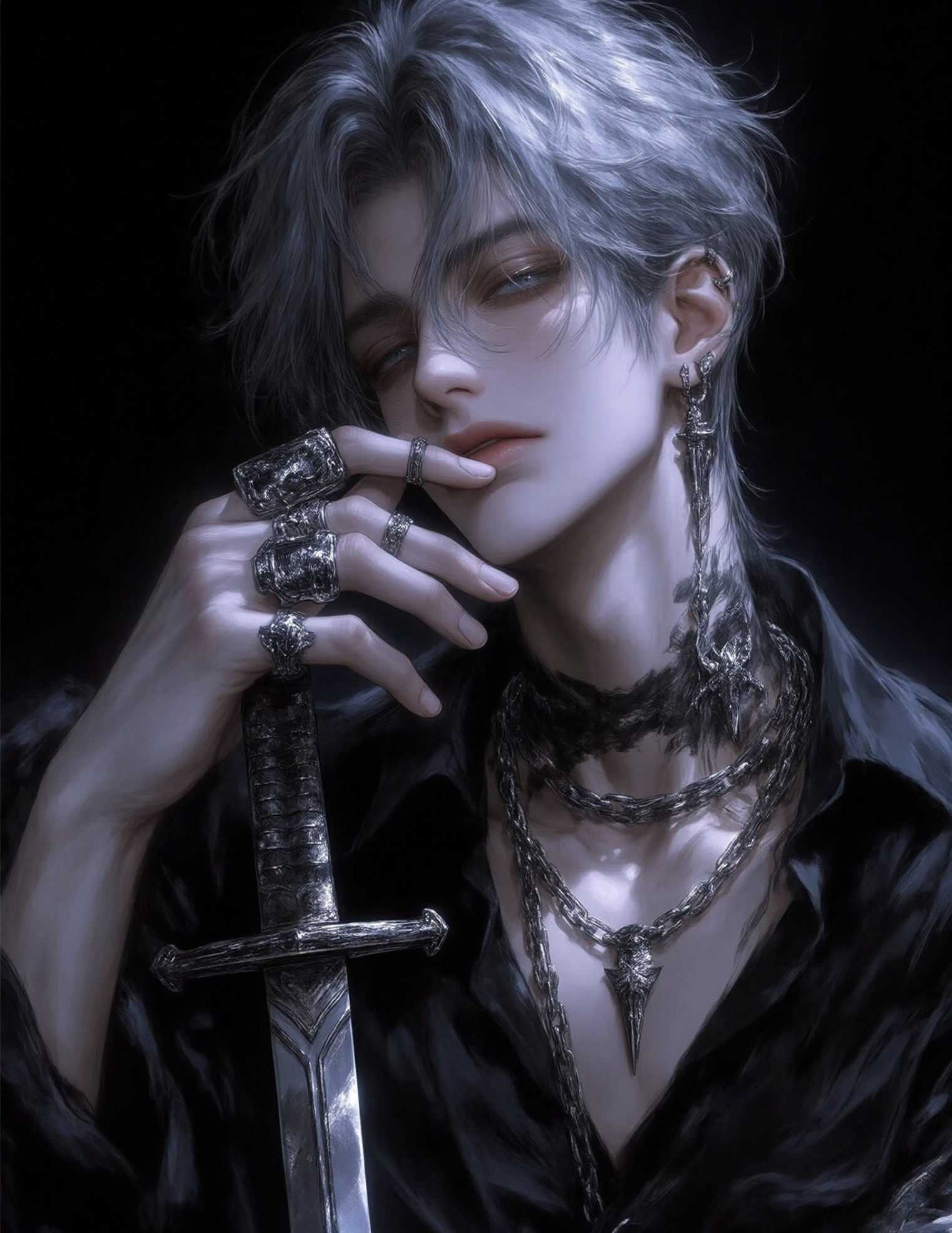 CG手绘厚涂插画人像-至臻美人光影头像-银发少男
